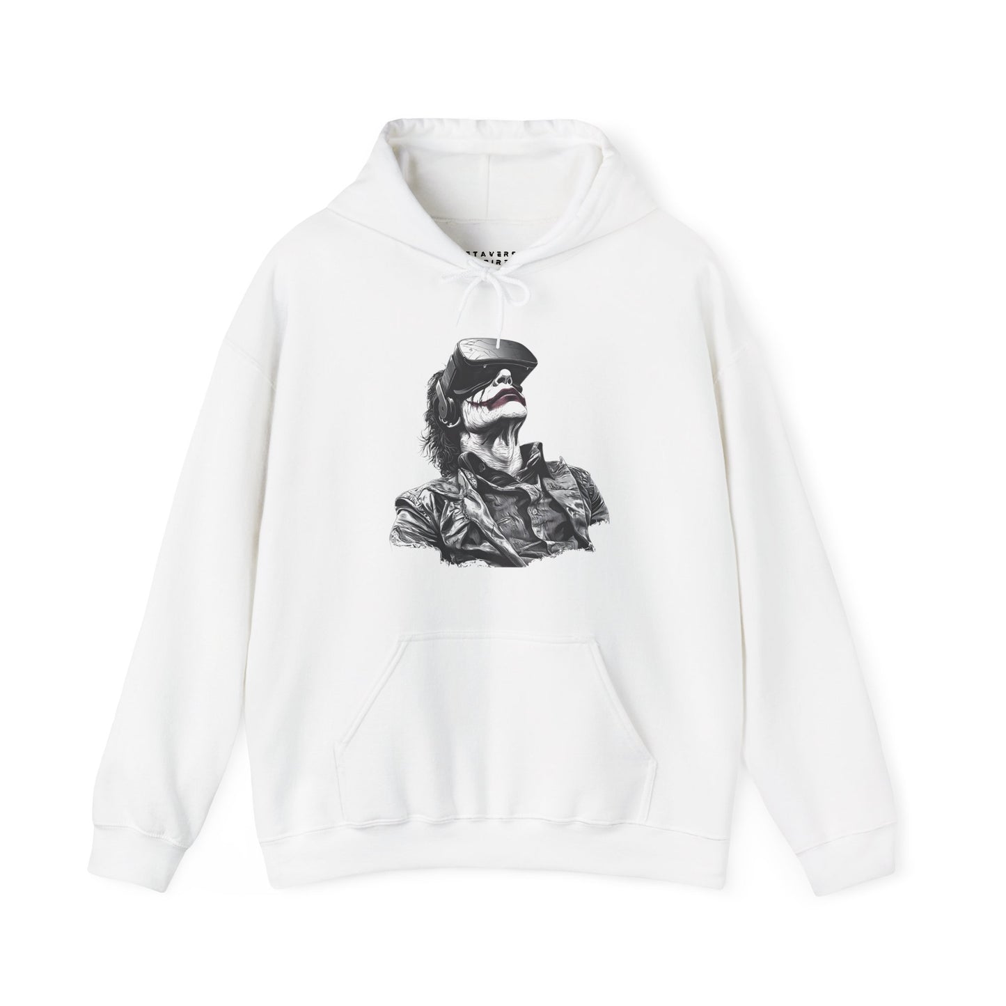 White hoodie with a black and gray graphic design of a person resembling the joker