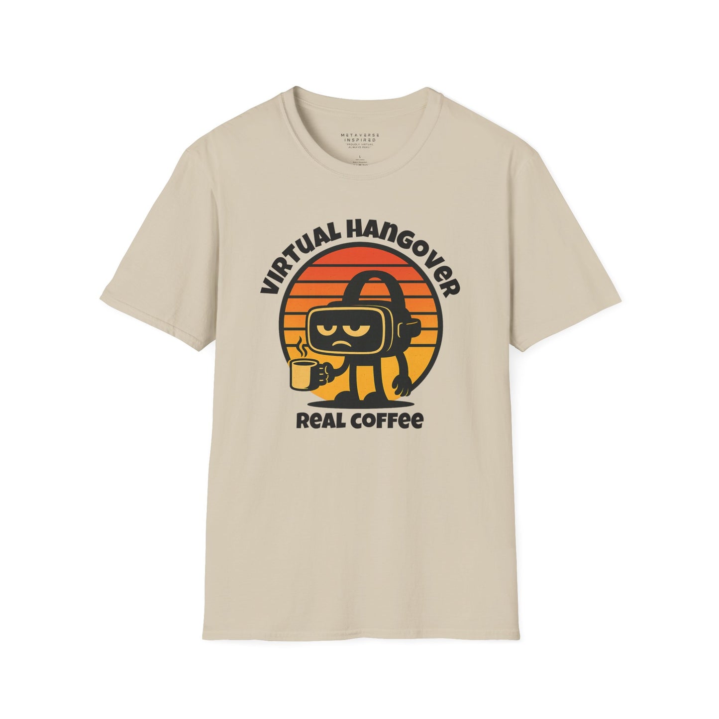 a beige tshirt with virtual hangover graphic by metaverseinspired