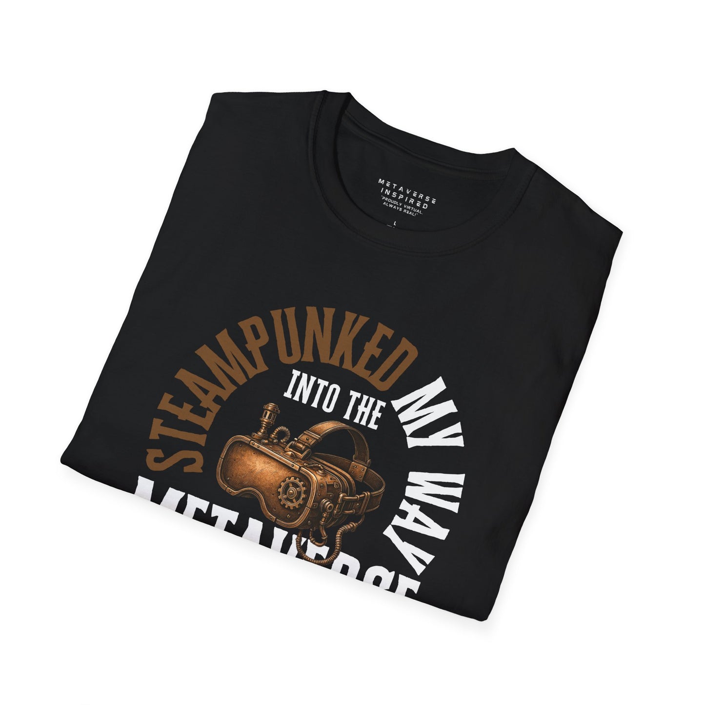 a black folded tshirt with steampunked my way to the metaverse graphic design