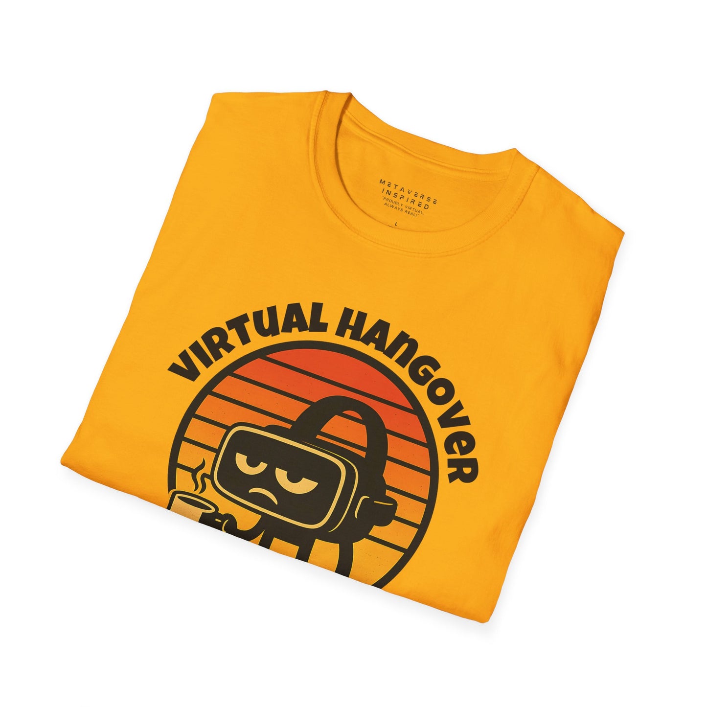 a folded gold colored tshirt with virtual hangover graphic by metaverseinspired