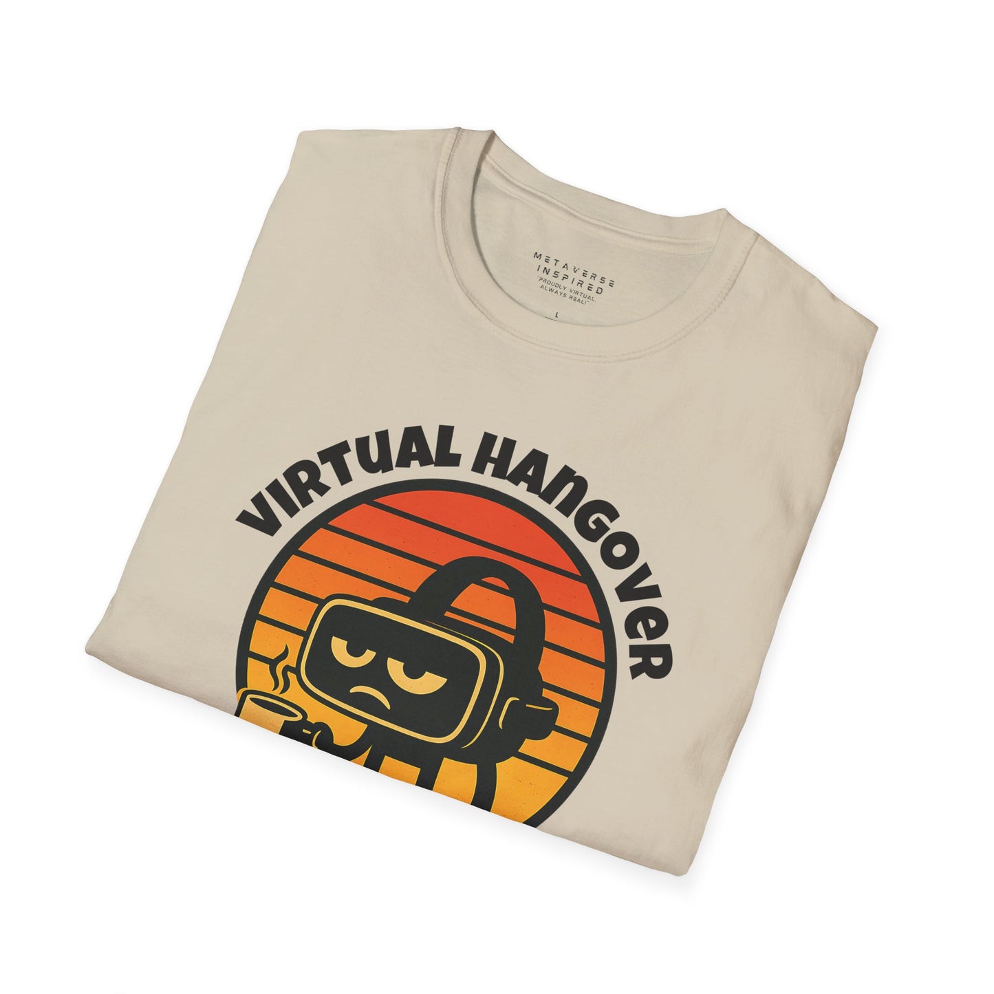 a folded sand colored tshirt with virtual hangover graphic by metaverseinspired