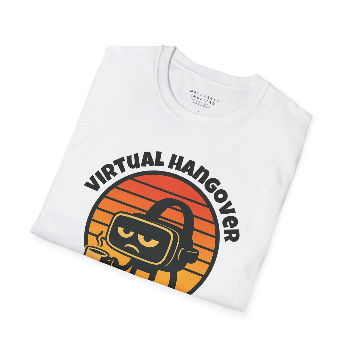 a folded white tshirt with virtual hangover graphic by metaverseinspired