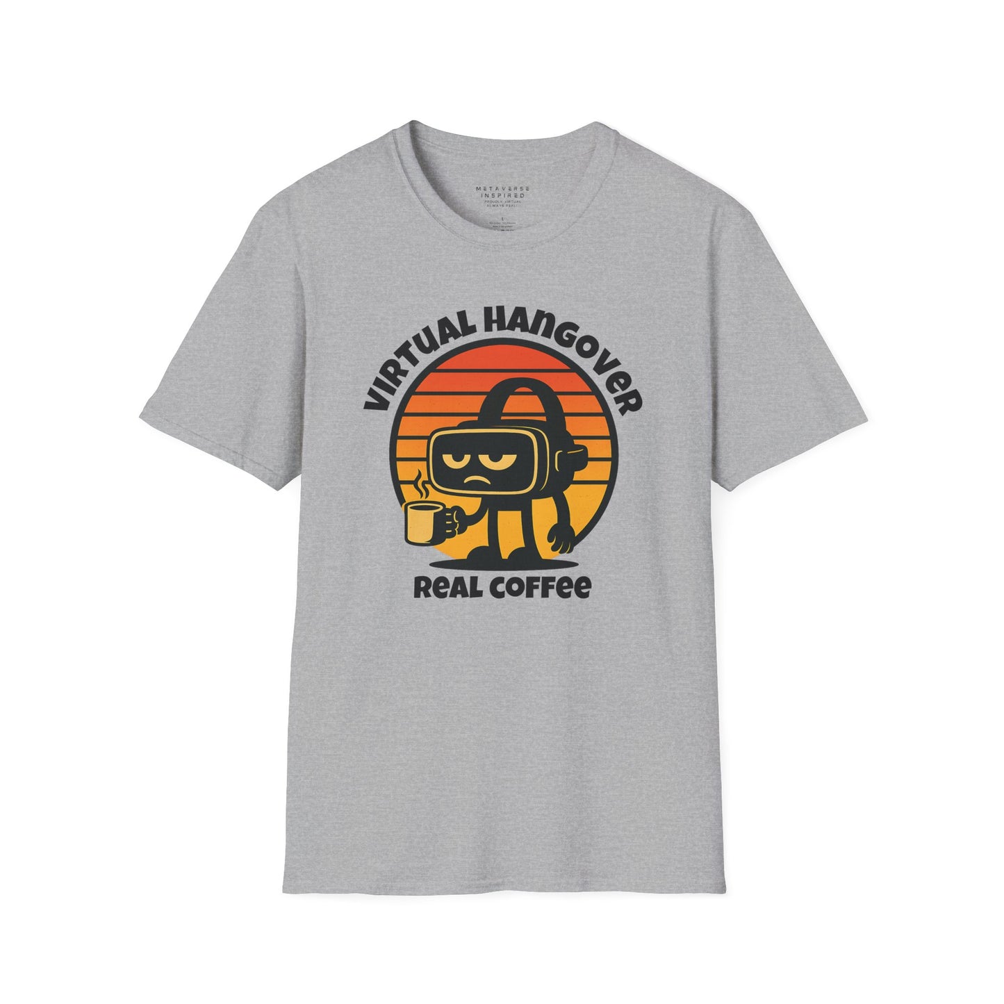 a gray tshirt with virtual hangover graphic by metaverseinspired