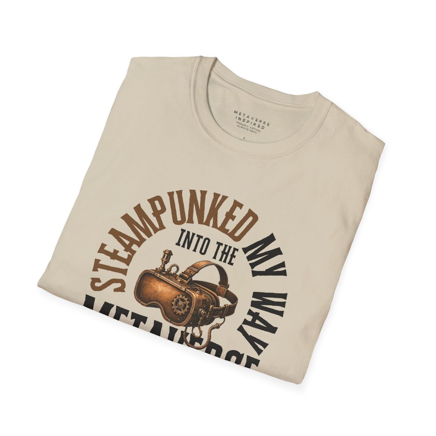 a sand in color folded tshirt with steampunked my way to the metaverse graphic design