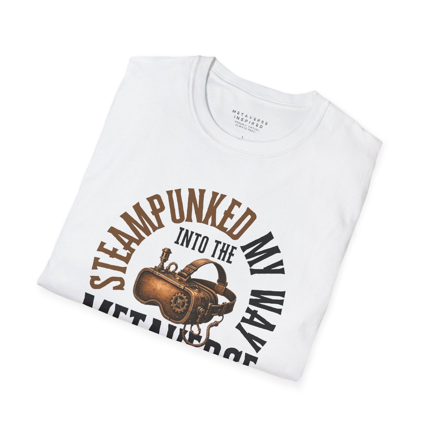 a white folded tshirt with steampunked my way to the metaverse graphic design