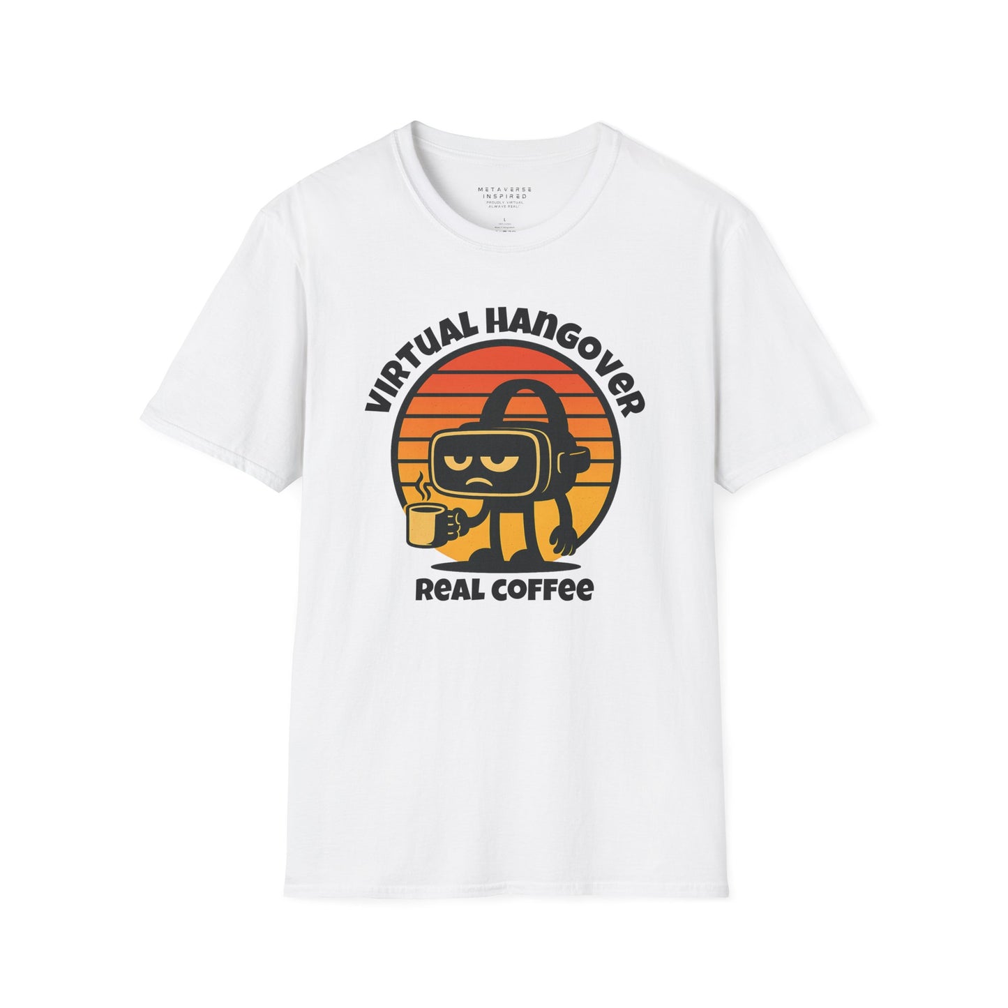 a white tshirt with virtual hangover graphic by metaverseinspired