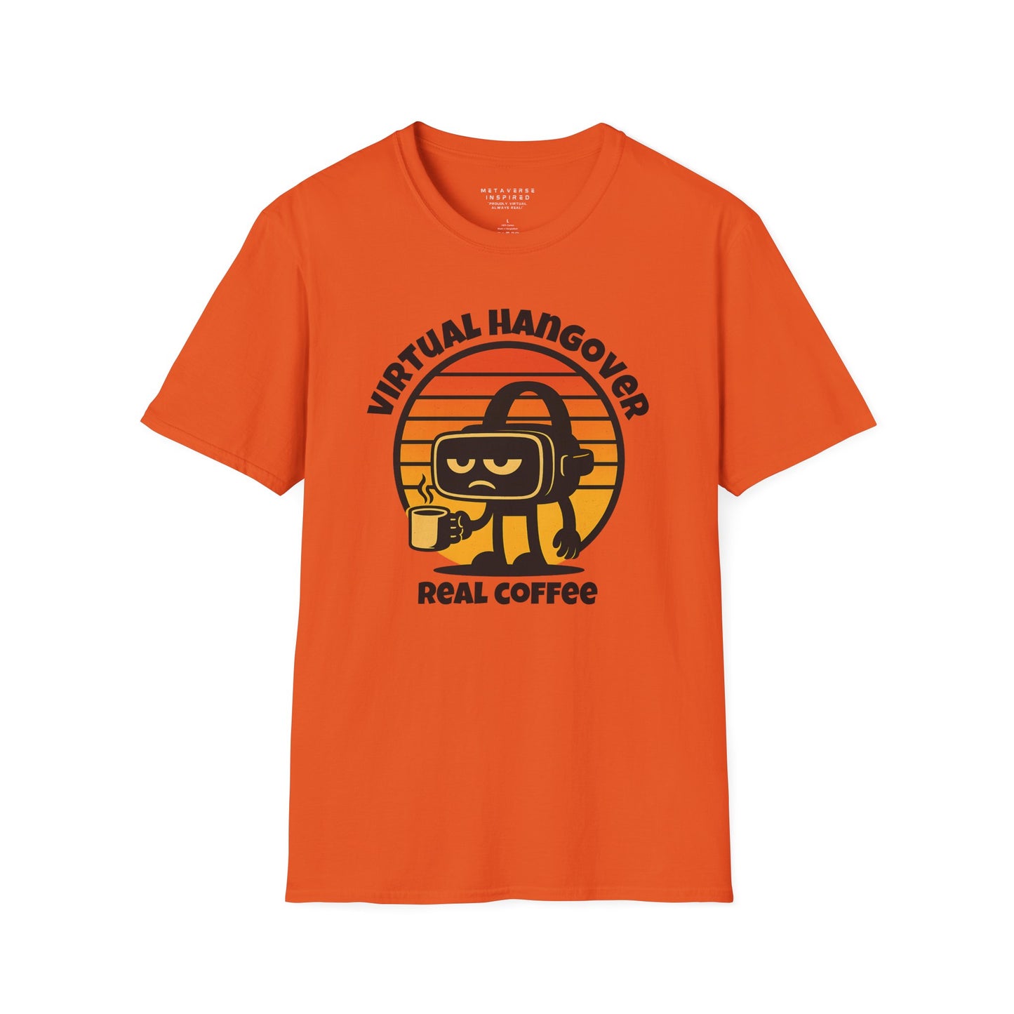 an orange tshirt with virtual hangover graphic by metaverseinspired