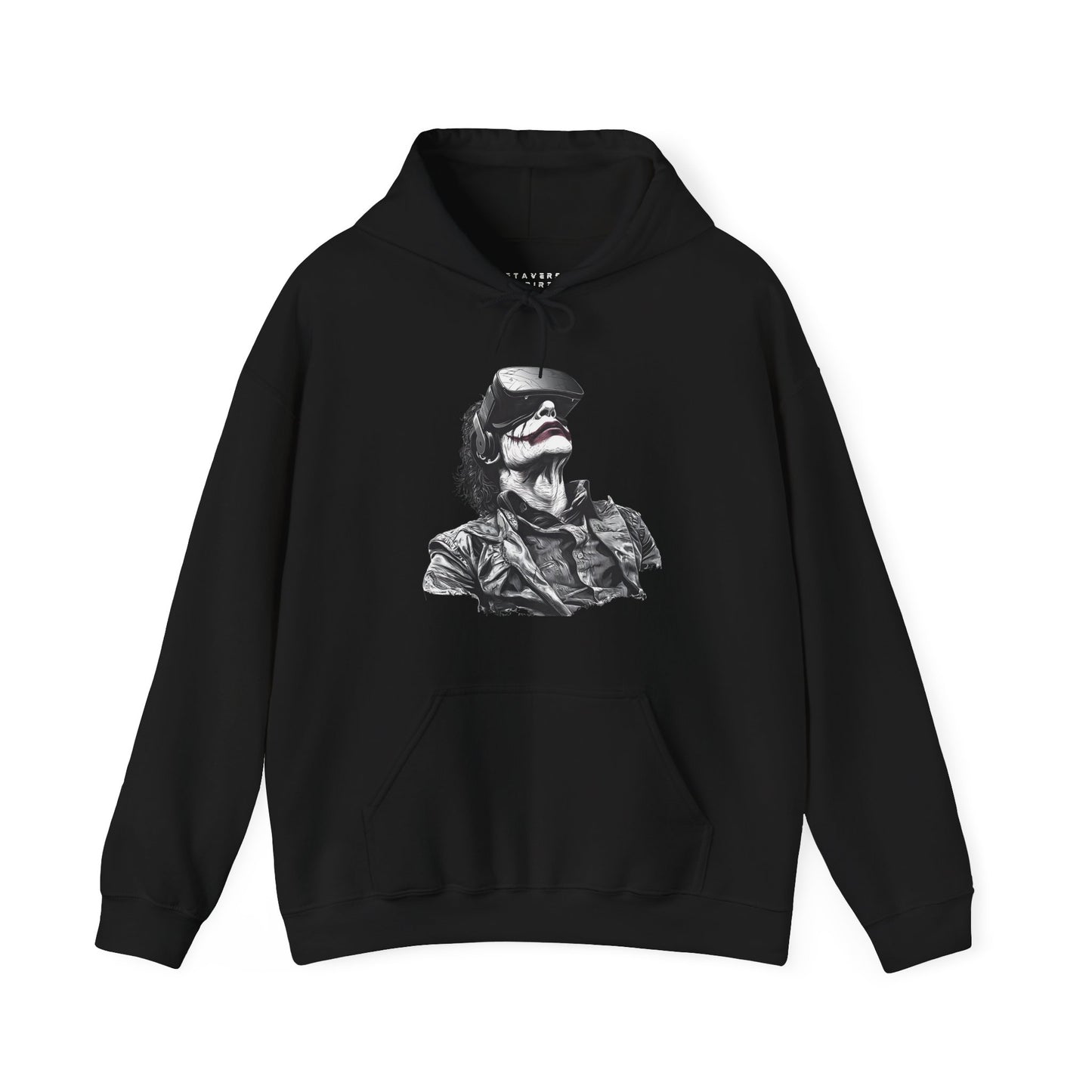 Black hoodie with a joker styled graphic wearing a vr headset graphic