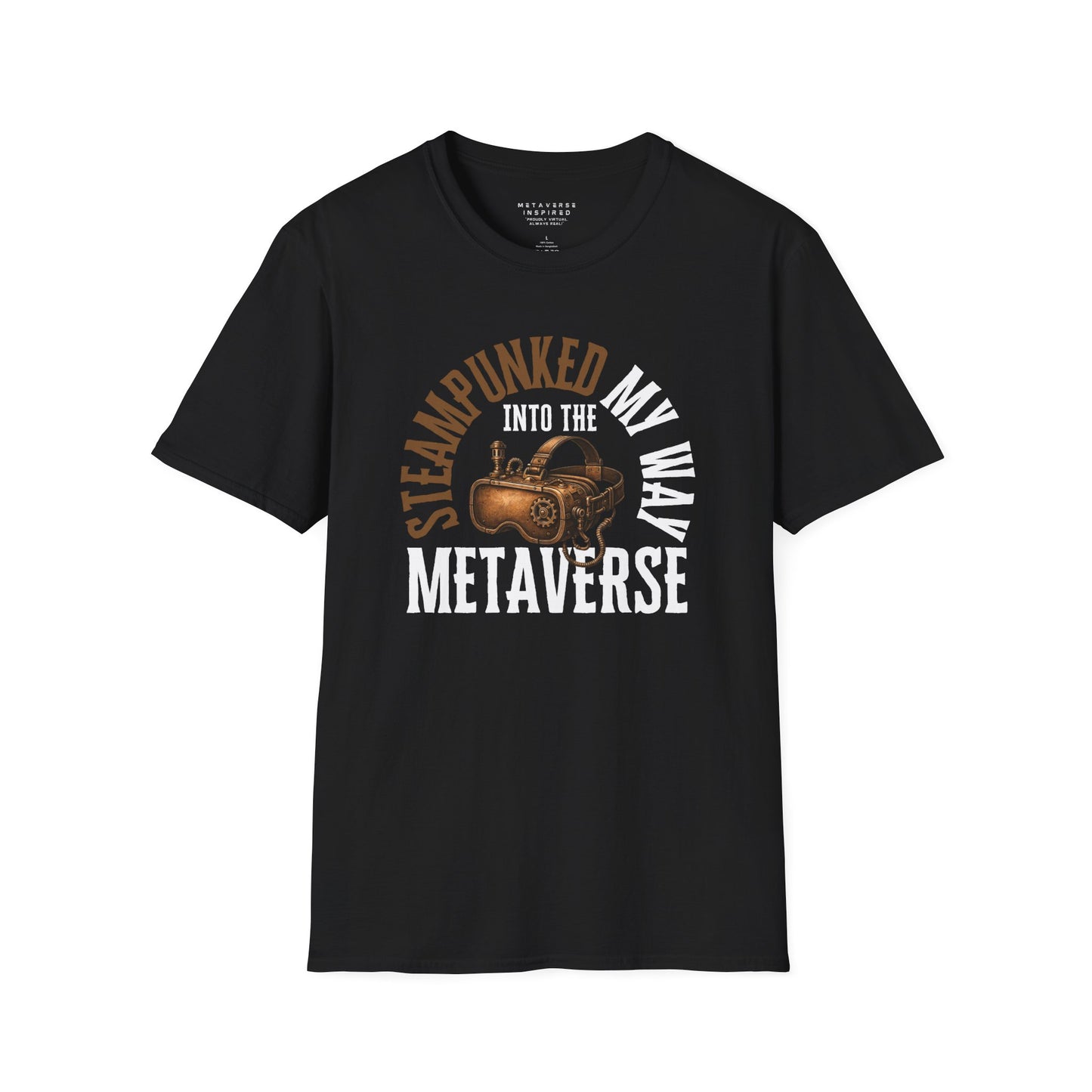 black t-shirt with a graphic of a VR headset steampunk styled, with the text "Steampunked my way into the metaverse"