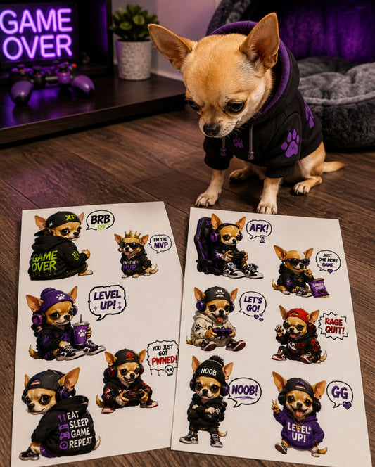 Gamer Chihuahua Sticker Pack | 11 Cute Gaming Stickers (2 Sheets)