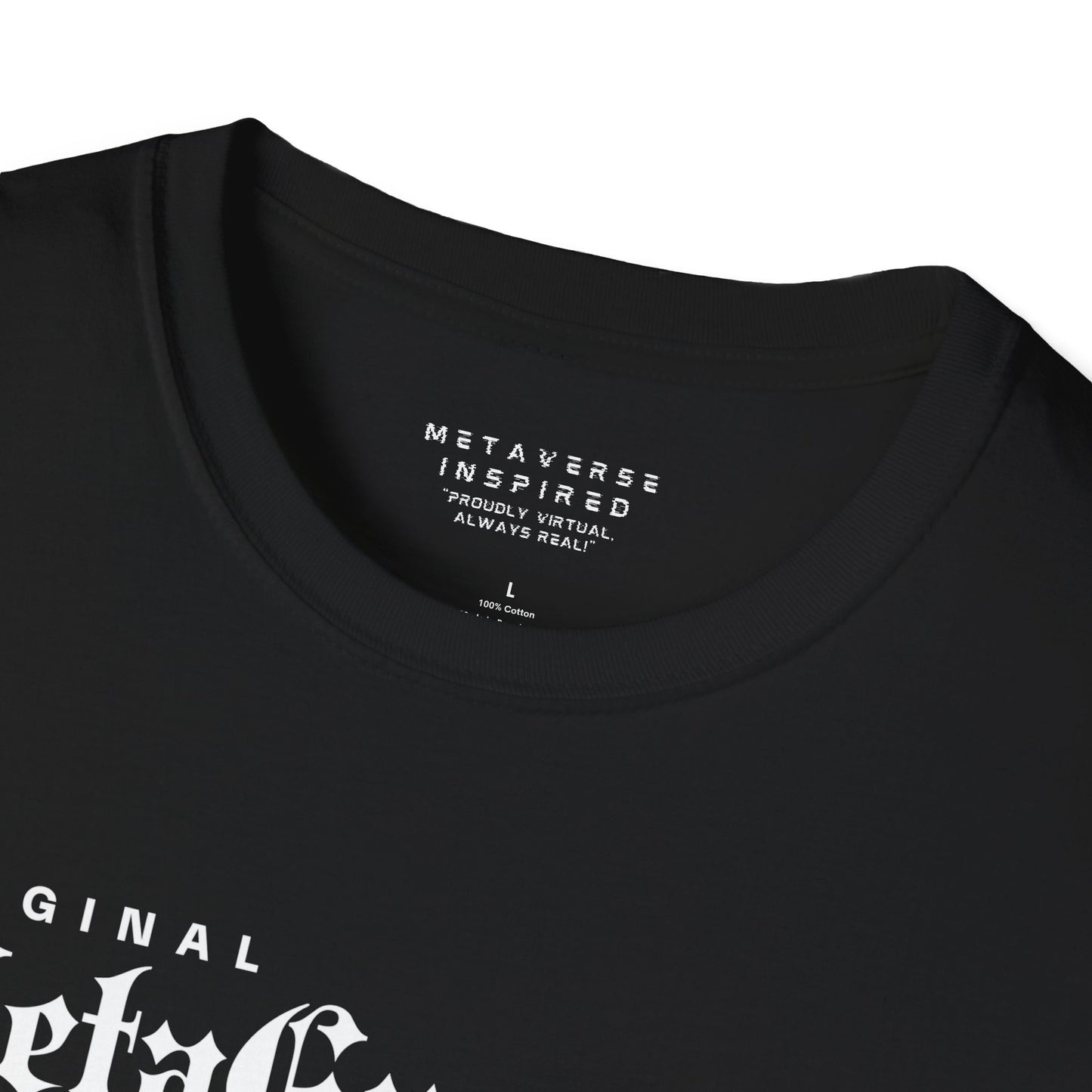 a closeup of the collar of a black colored tshirt by metaverseinspired
