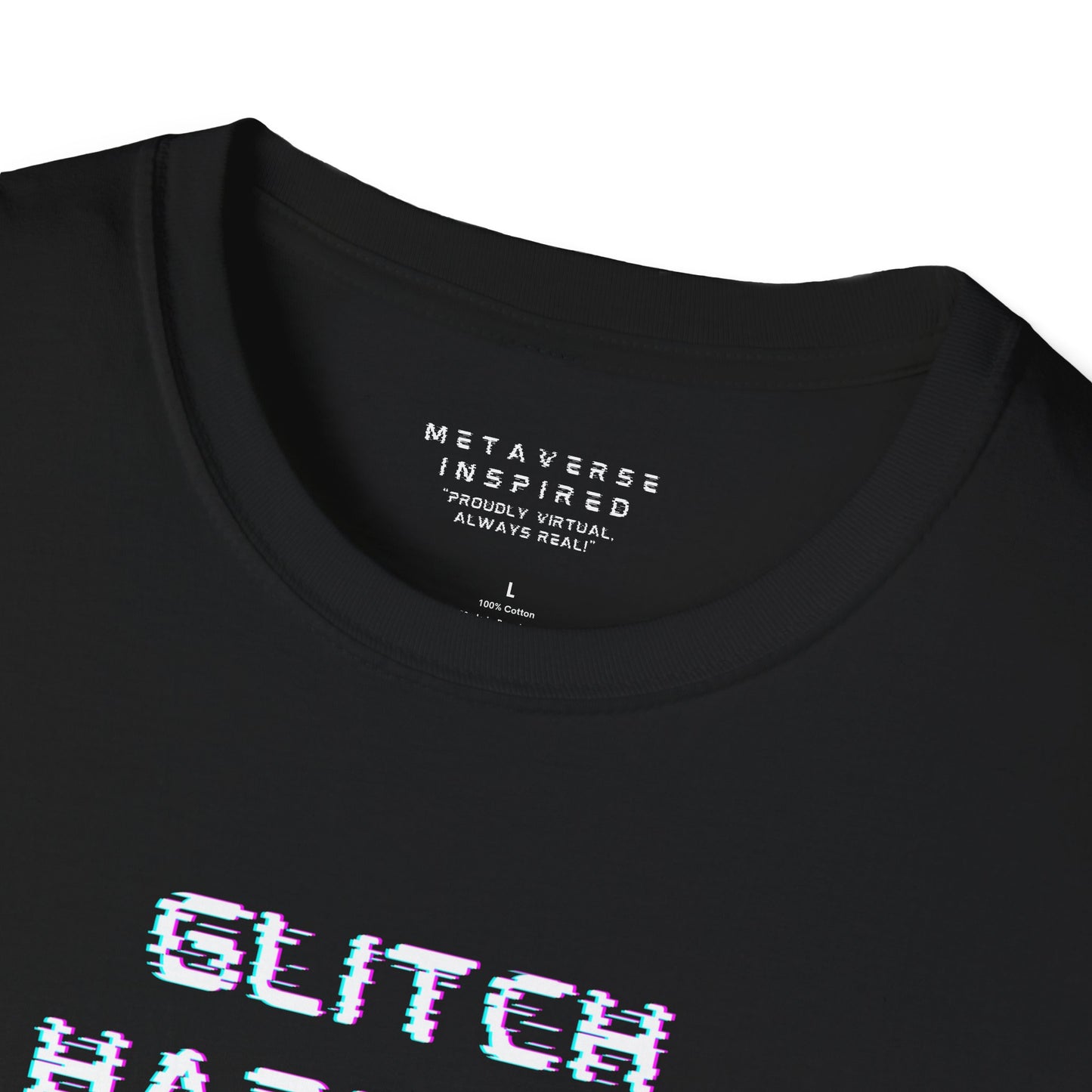 black t-shirt with 'GLITCH HAPPENS' text in glitchy font and 'METAVERSE INSPIRED' label