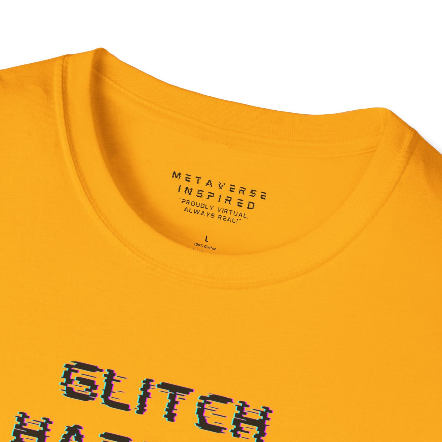 gold colored t-shirt with 'GLITCH HAPPENS' text in glitchy font and 'METAVERSE INSPIRED' label