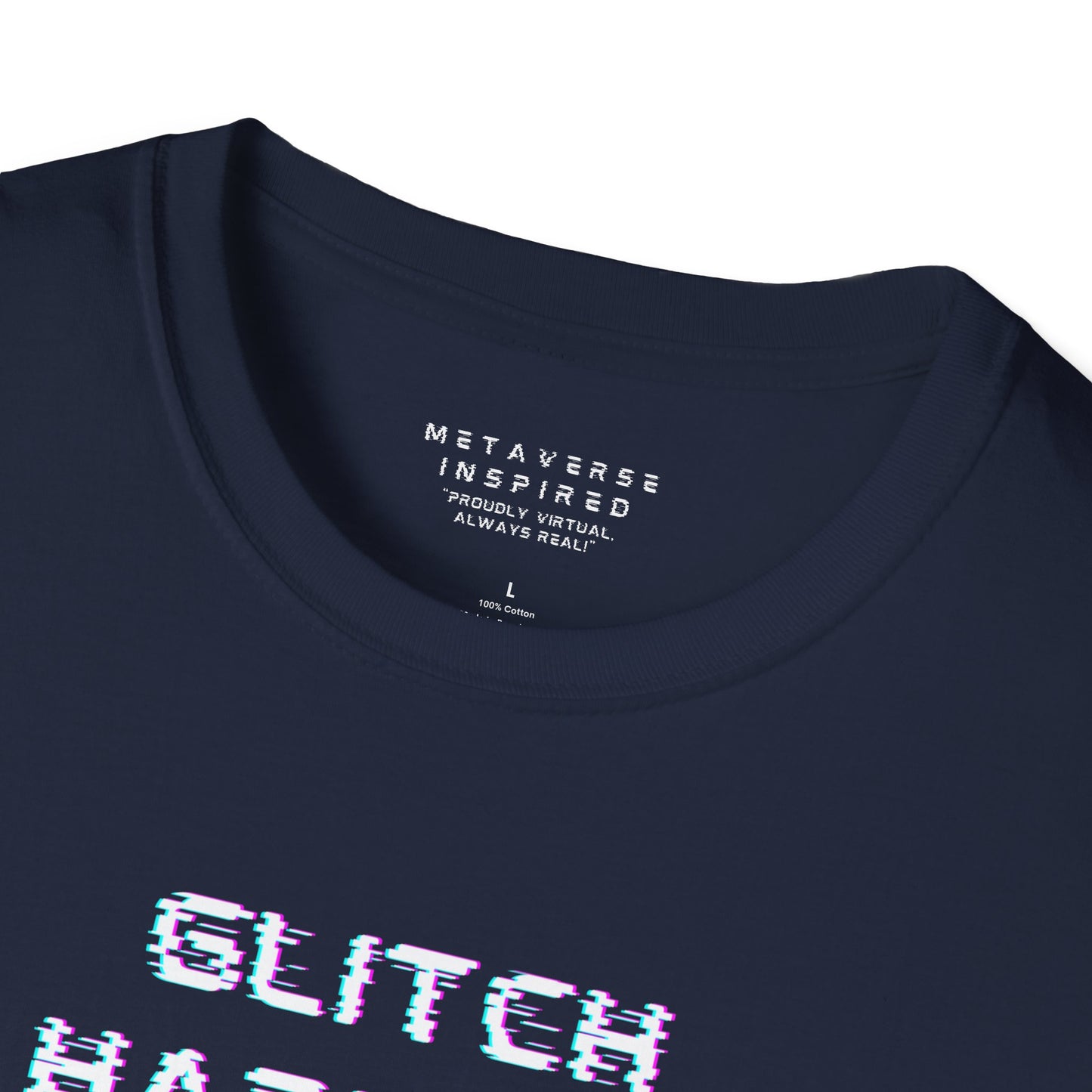 Navy t-shirt with 'GLITCH HAPPENS' text in glitchy font and 'METAVERSE INSPIRED' label