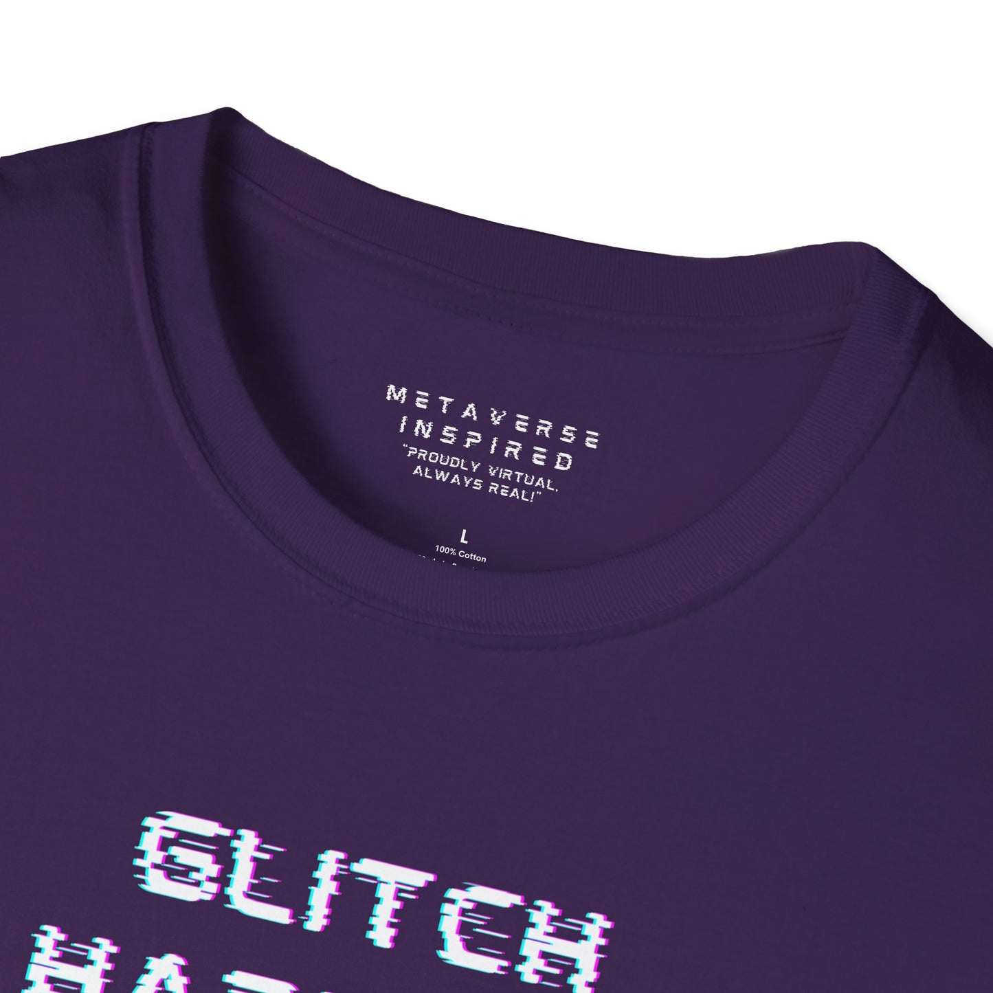 purple t-shirt with 'GLITCH HAPPENS' text in glitchy font and 'METAVERSE INSPIRED' label