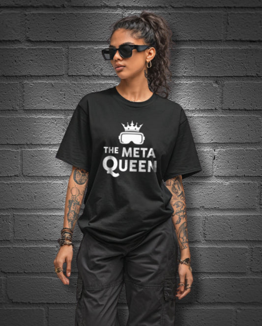 female model wearing a meta queen t-shirt