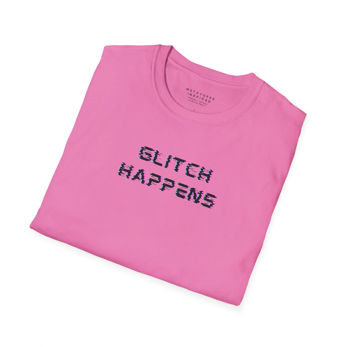 Folded pink t-shirt with 'GLITCH HAPPENS' text