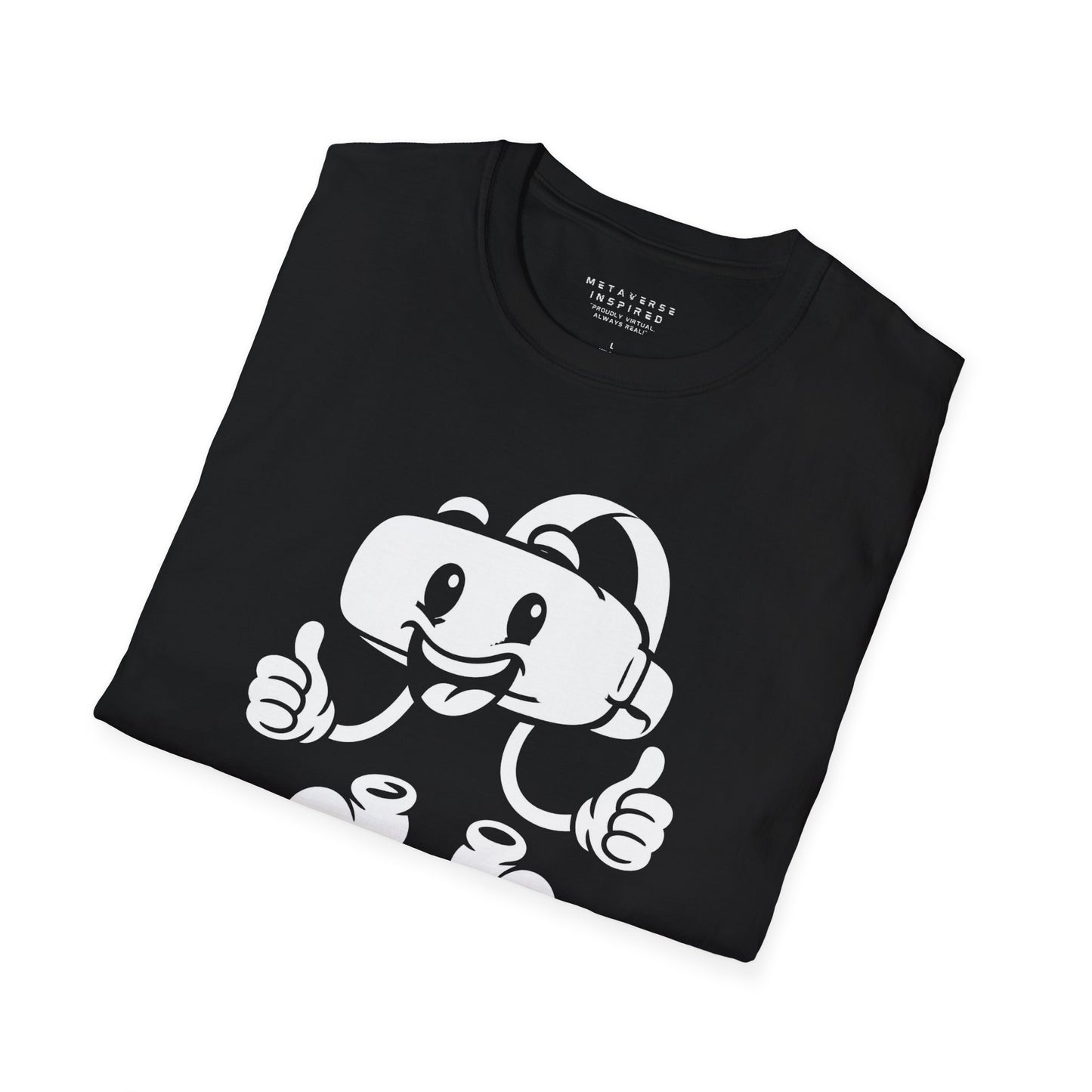 folded black t-shirt with a graphic of a vr headset character design by metaverse inspired