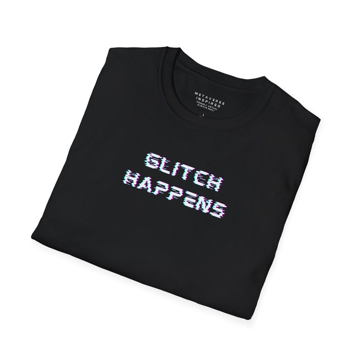 Folded black t-shirt with 'GLITCH HAPPENS' text