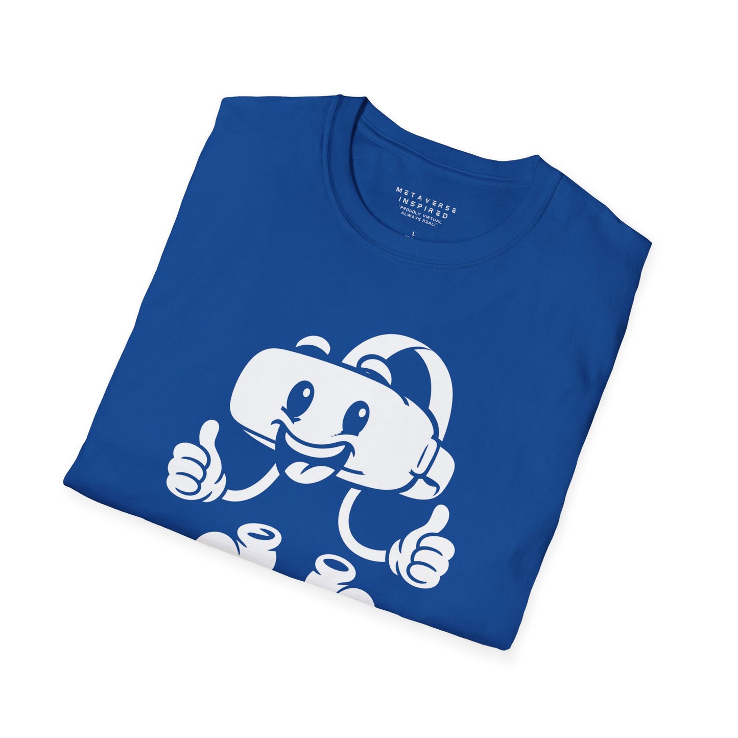 folded blue t-shirt with a graphic of a vr headset character design by metaverse inspired