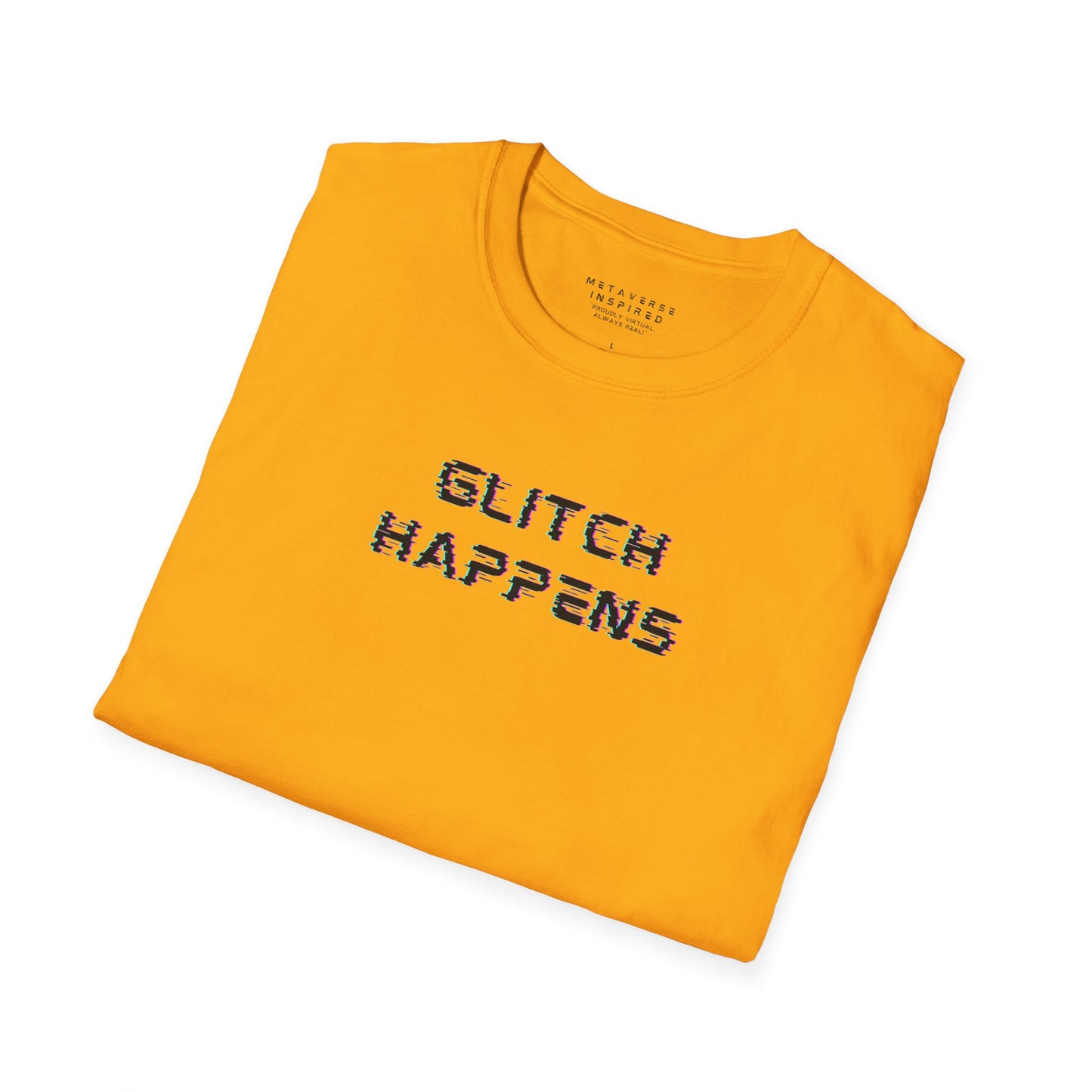 Folded gold colored t-shirt with 'GLITCH HAPPENS' text