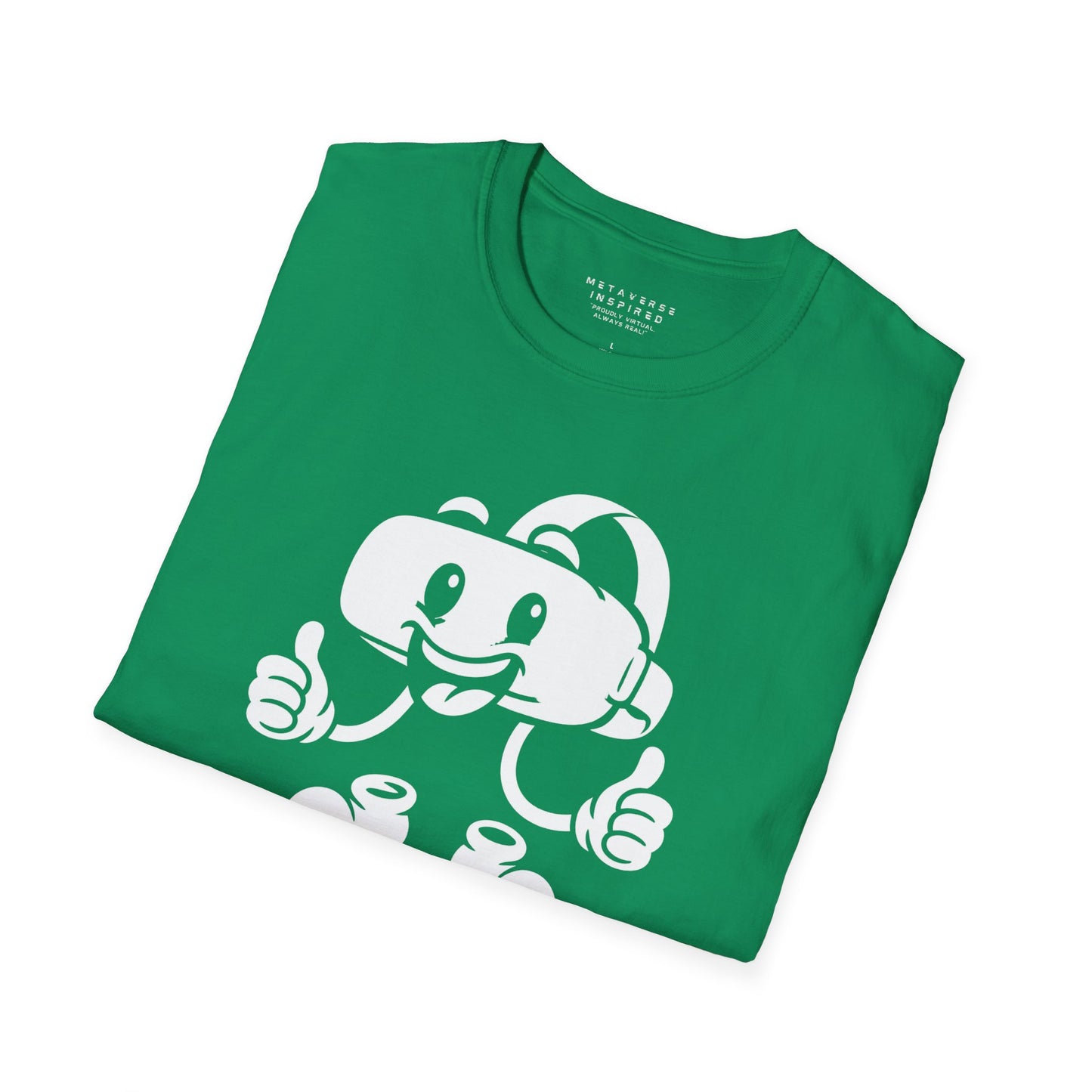 folded green t-shirt with a graphic of a vr headset character design by metaverse inspired