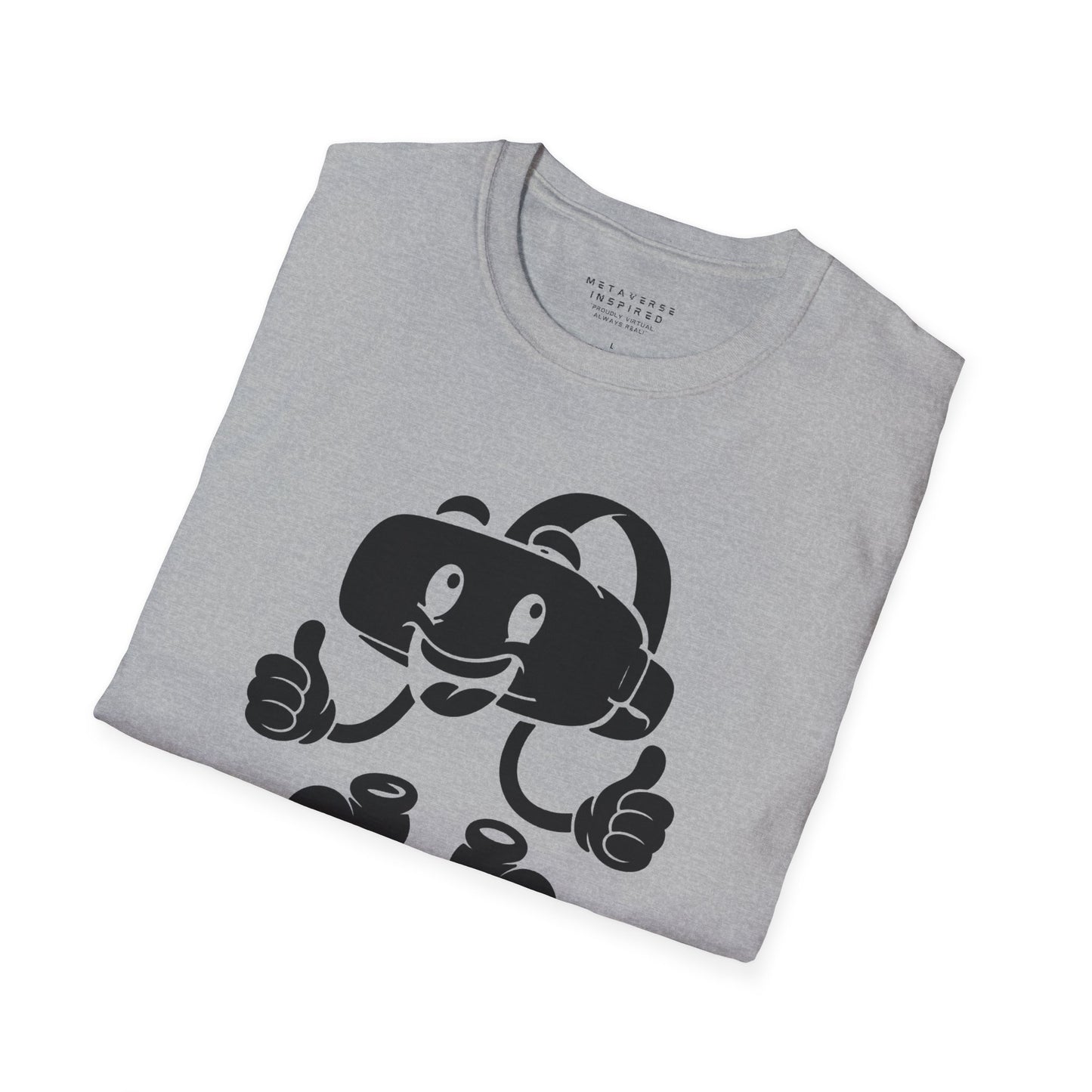 folded grey t-shirt with a graphic of a vr headset character design by metaverse inspired
