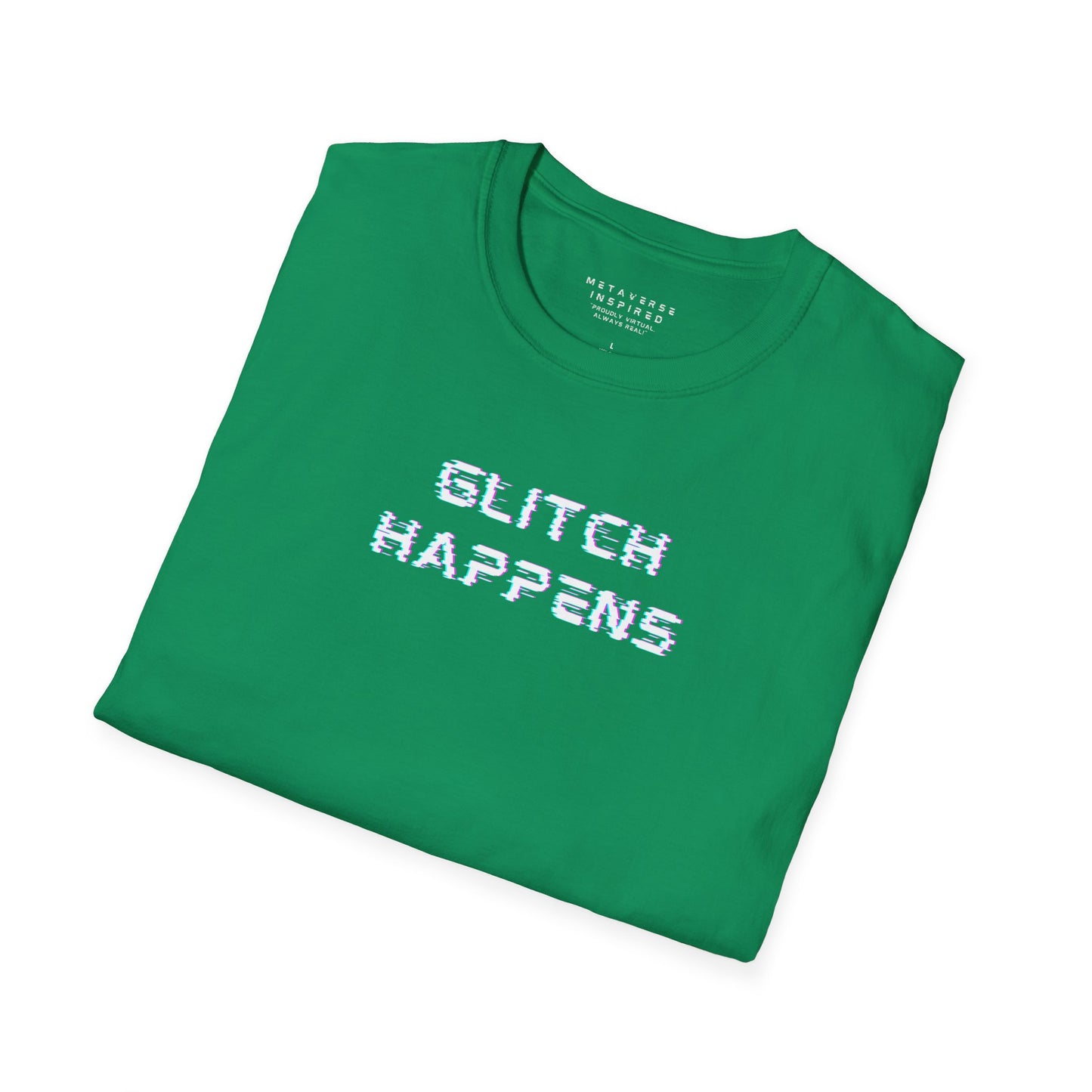 Folded green t-shirt with 'GLITCH HAPPENS' text