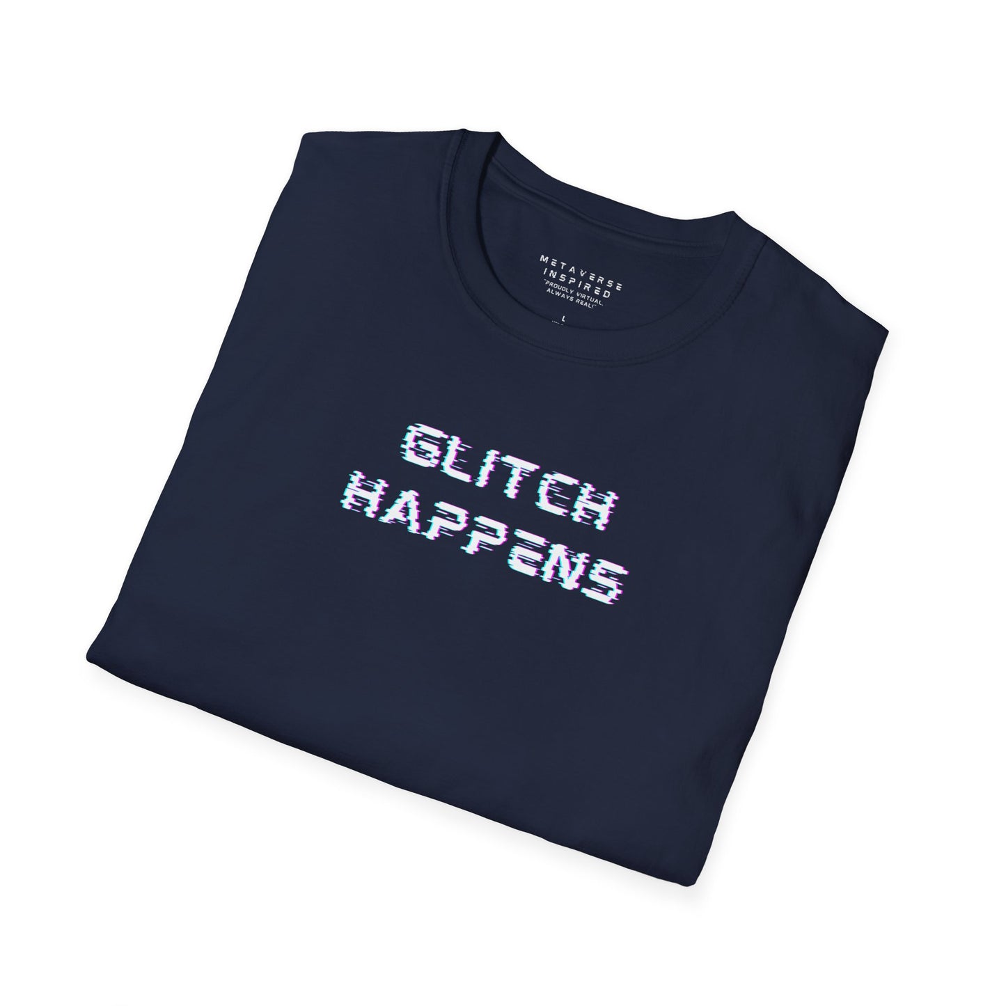 Folded navy t-shirt with 'GLITCH HAPPENS' text