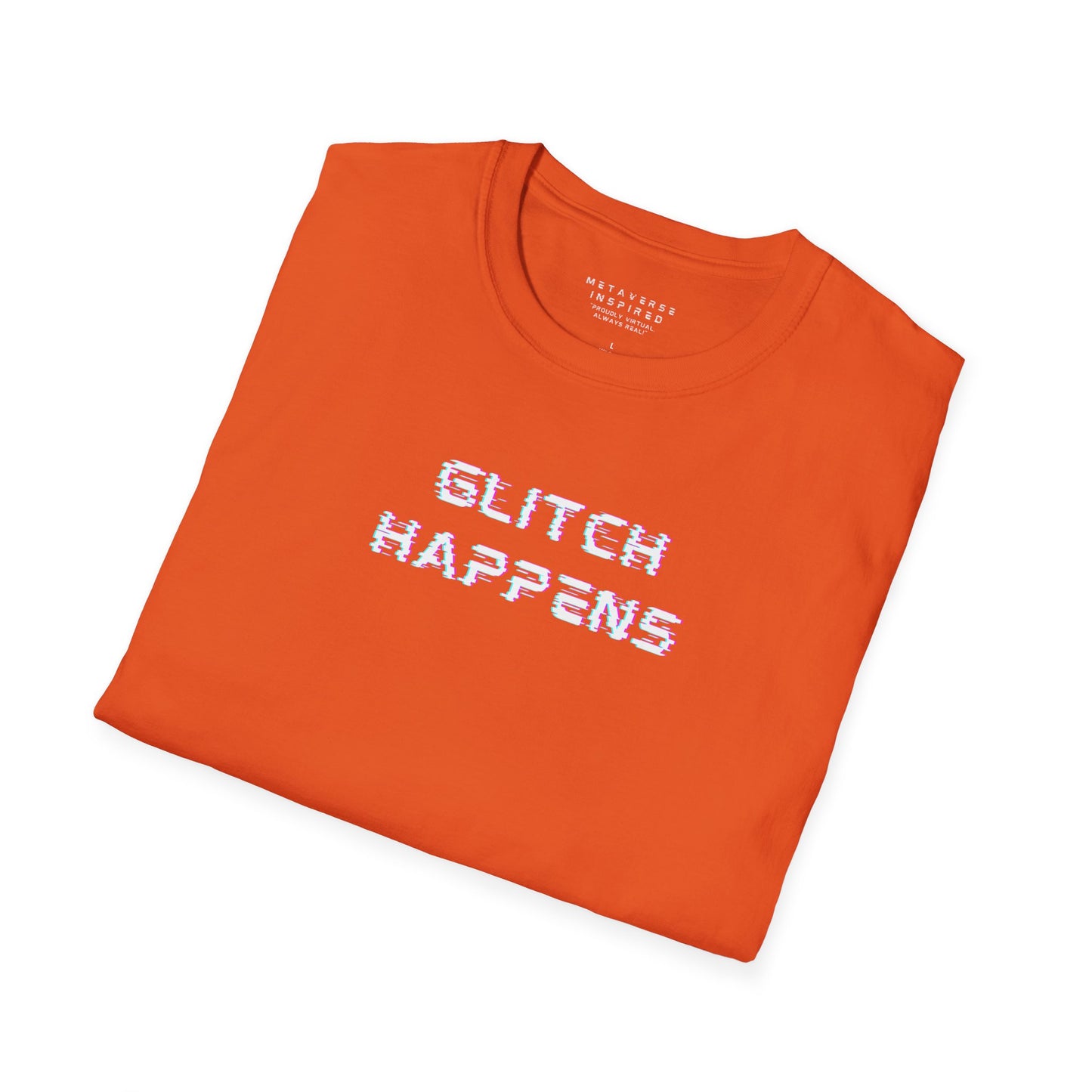 Folded orange t-shirt with 'GLITCH HAPPENS' text