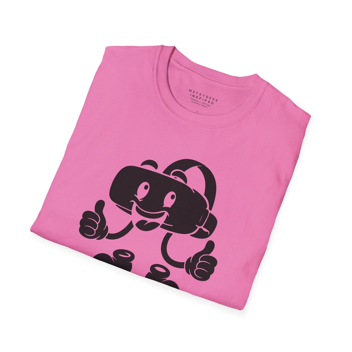 folded pink t-shirt with a graphic of a vr headset character design by metaverse inspired