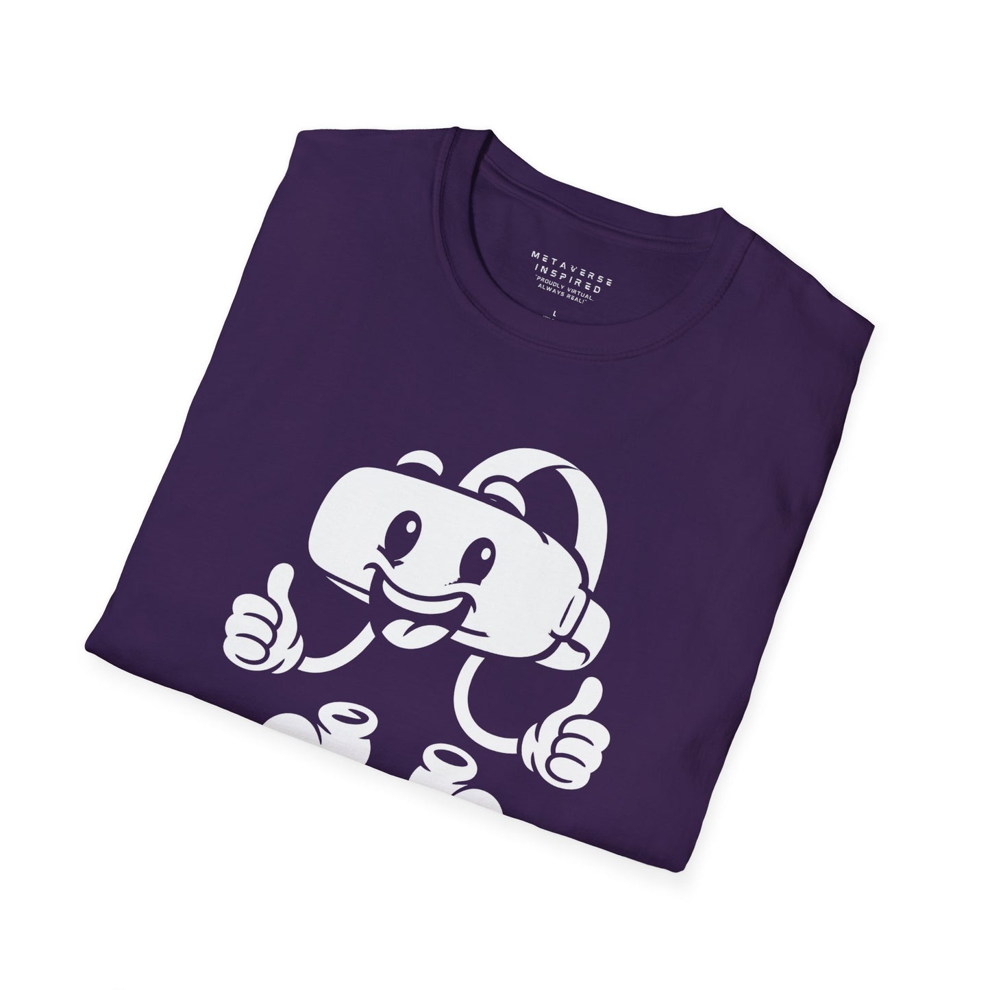 folded purple t-shirt with a graphic of a vr headset character design by metaverse inspired