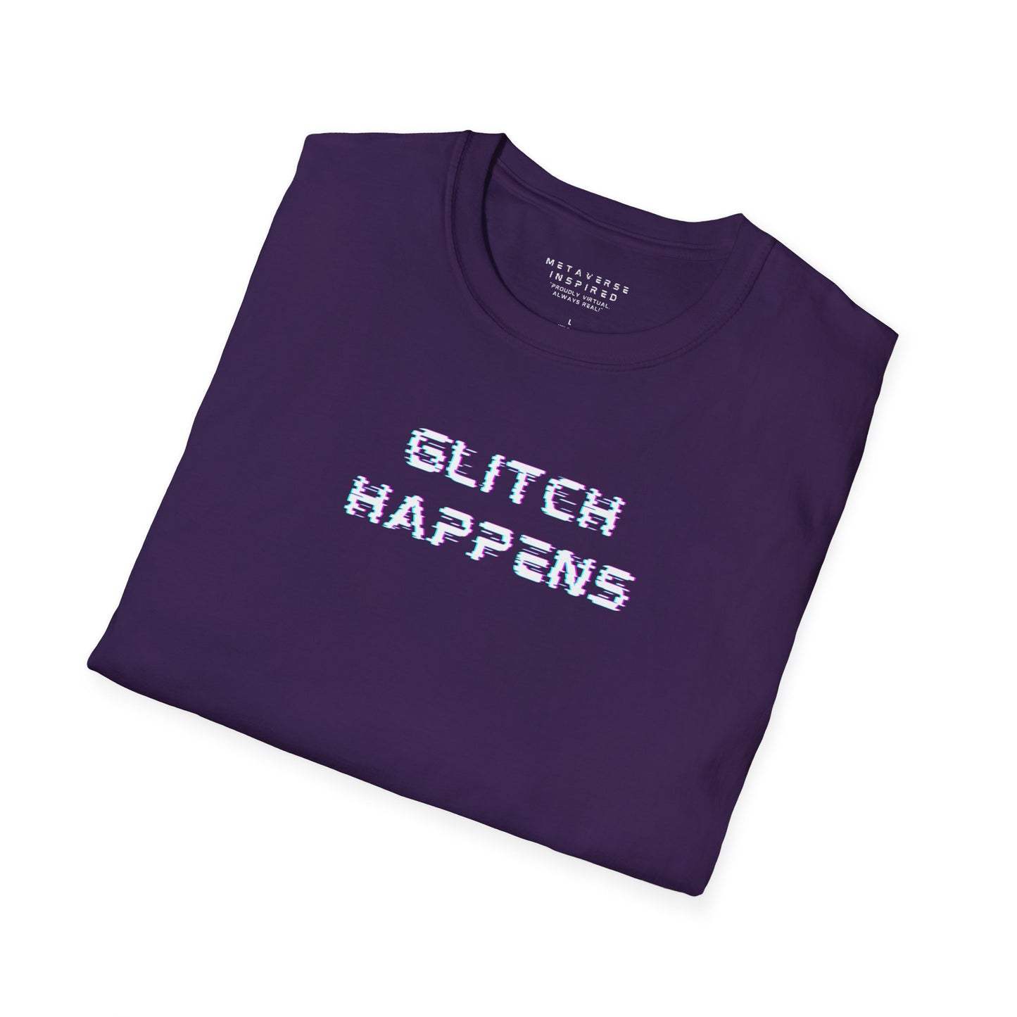 Folded purple t-shirt with 'GLITCH HAPPENS' text