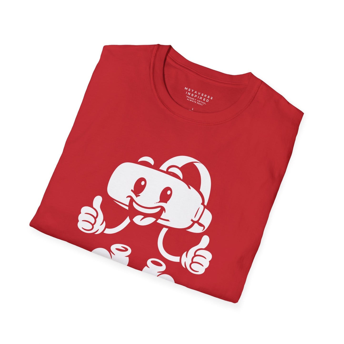 folded red t-shirt with a graphic of a vr headset character design by metaverse inspired
