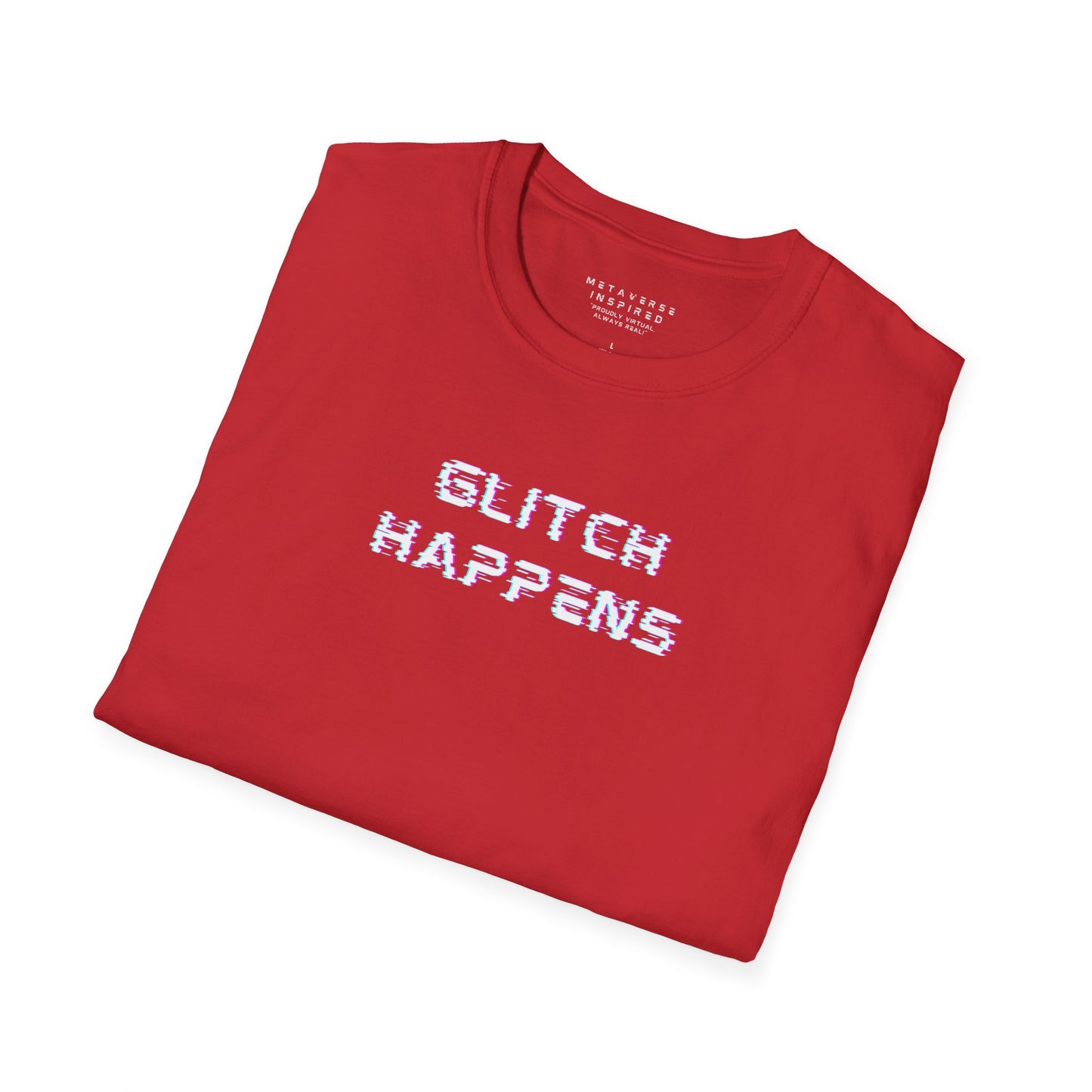 Folded red t-shirt with 'GLITCH HAPPENS' text