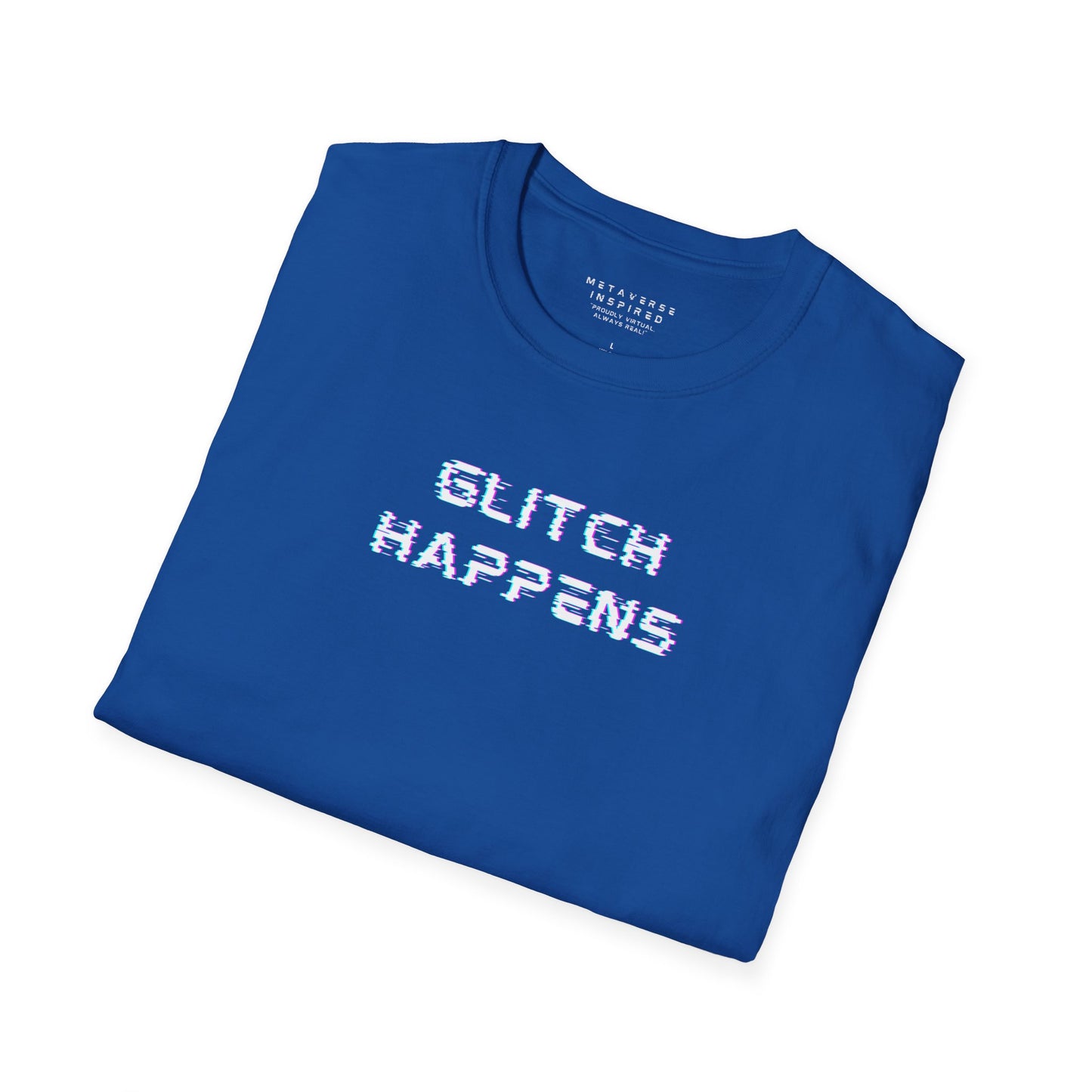 Folded blue t-shirt with 'GLITCH HAPPENS' text
