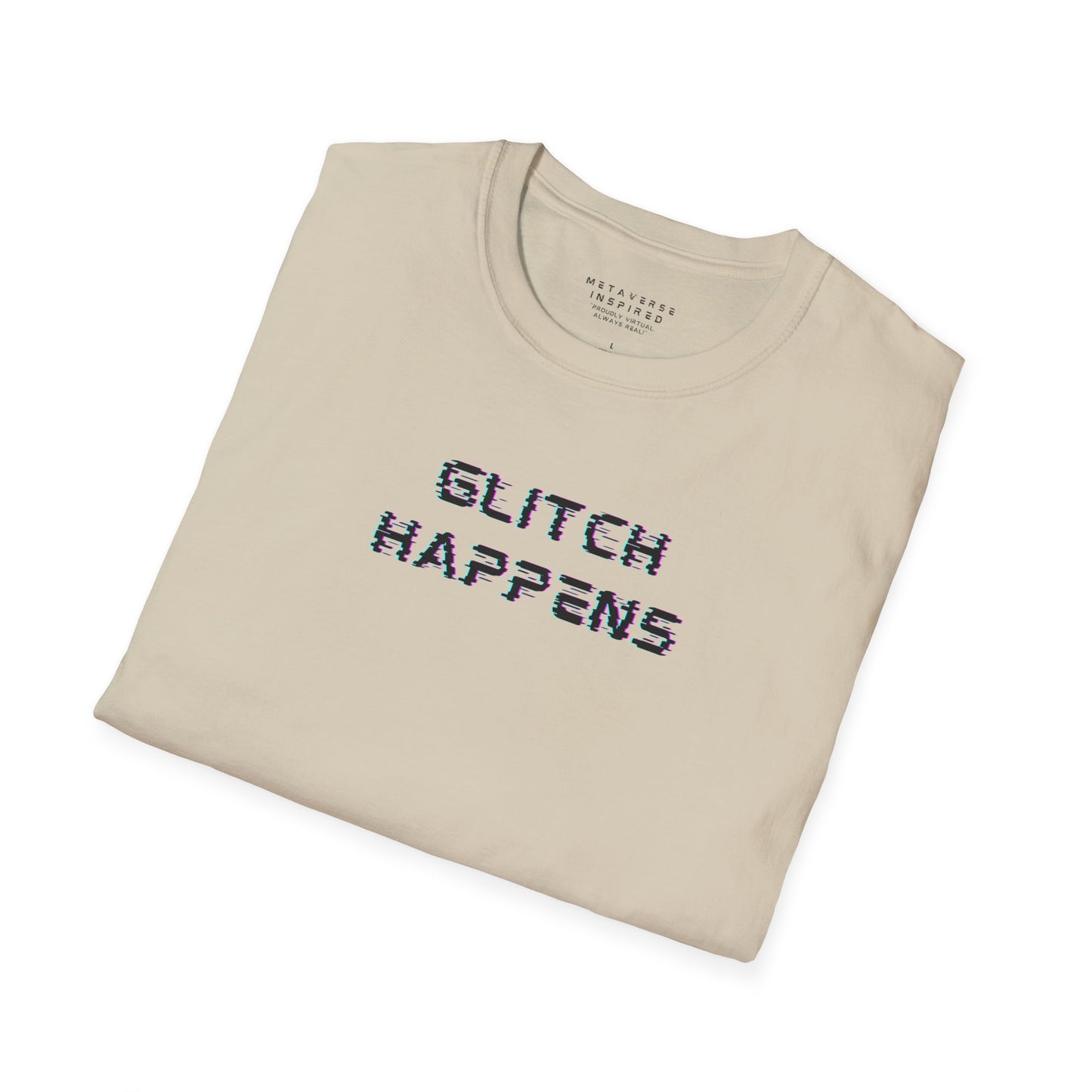 Folded beige t-shirt with 'GLITCH HAPPENS' text