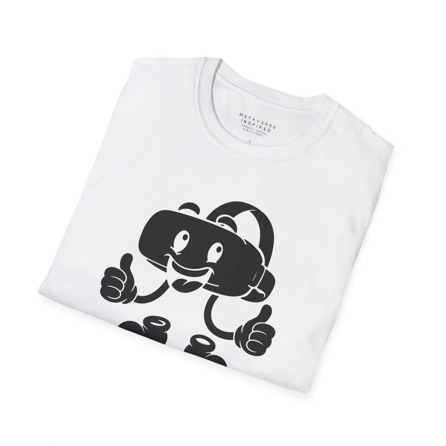 folded white t-shirt with a graphic of a vr headset character design by metaverse inspired