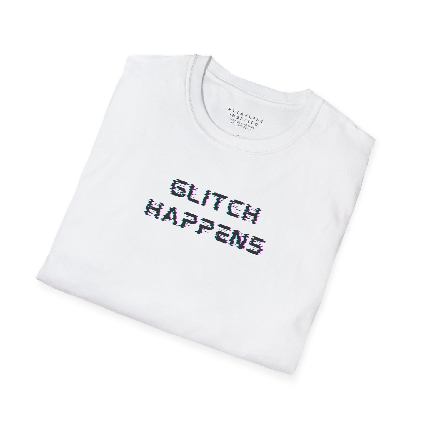 Folded white t-shirt with 'GLITCH HAPPENS' text