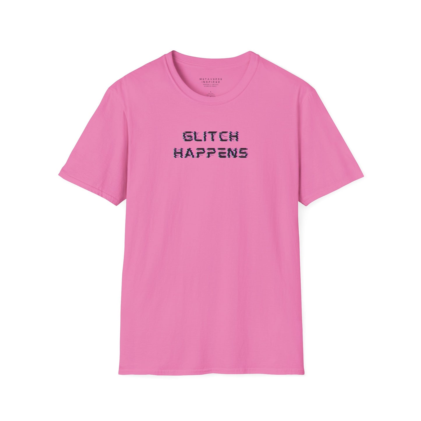 pink tshirt with glitchy font that says glitch happens