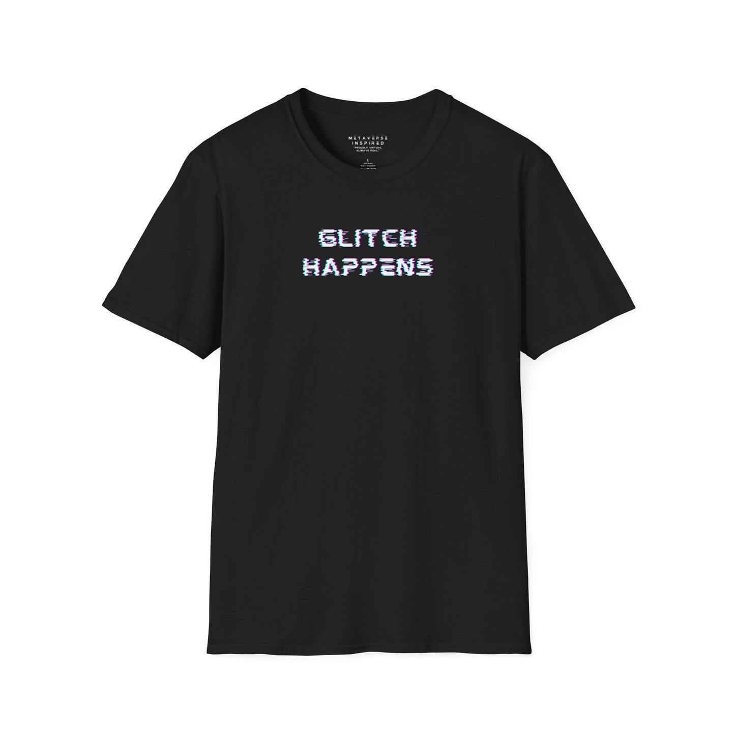 black tshirt with glitchy font that says glitch happens