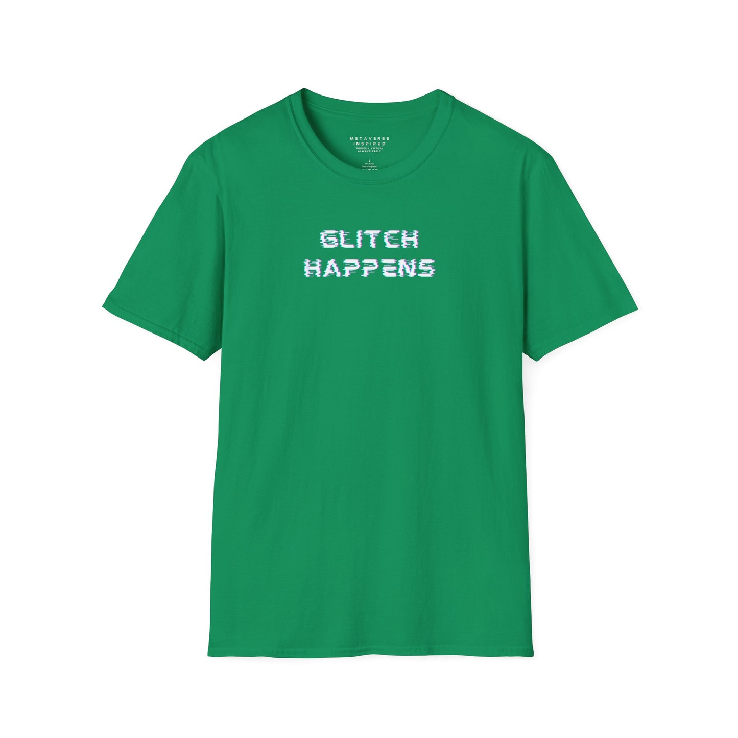 green tshirt with glitchy font that says glitch happens
