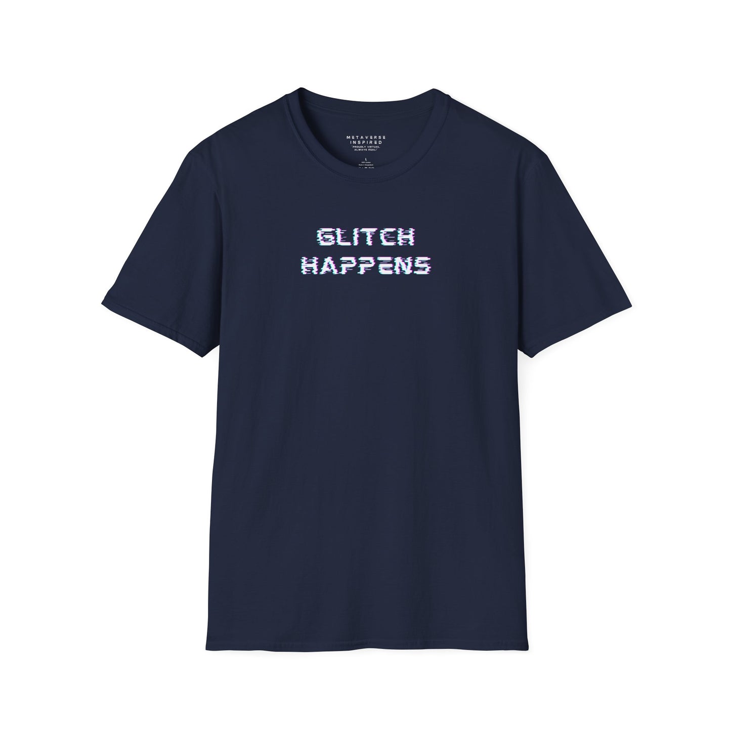 navy tshirt with glitchy font that says glitch happens