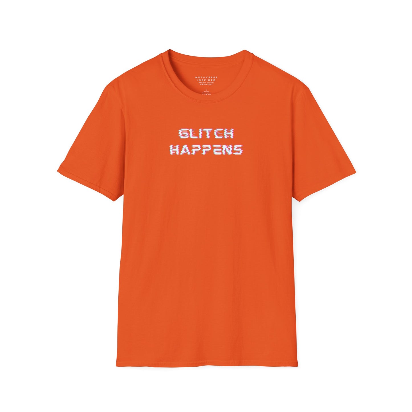 orange tshirt with glitchy font that says glitch happens