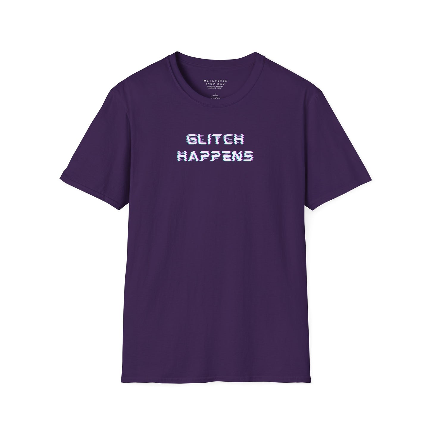 purple tshirt with glitchy font that says glitch happens