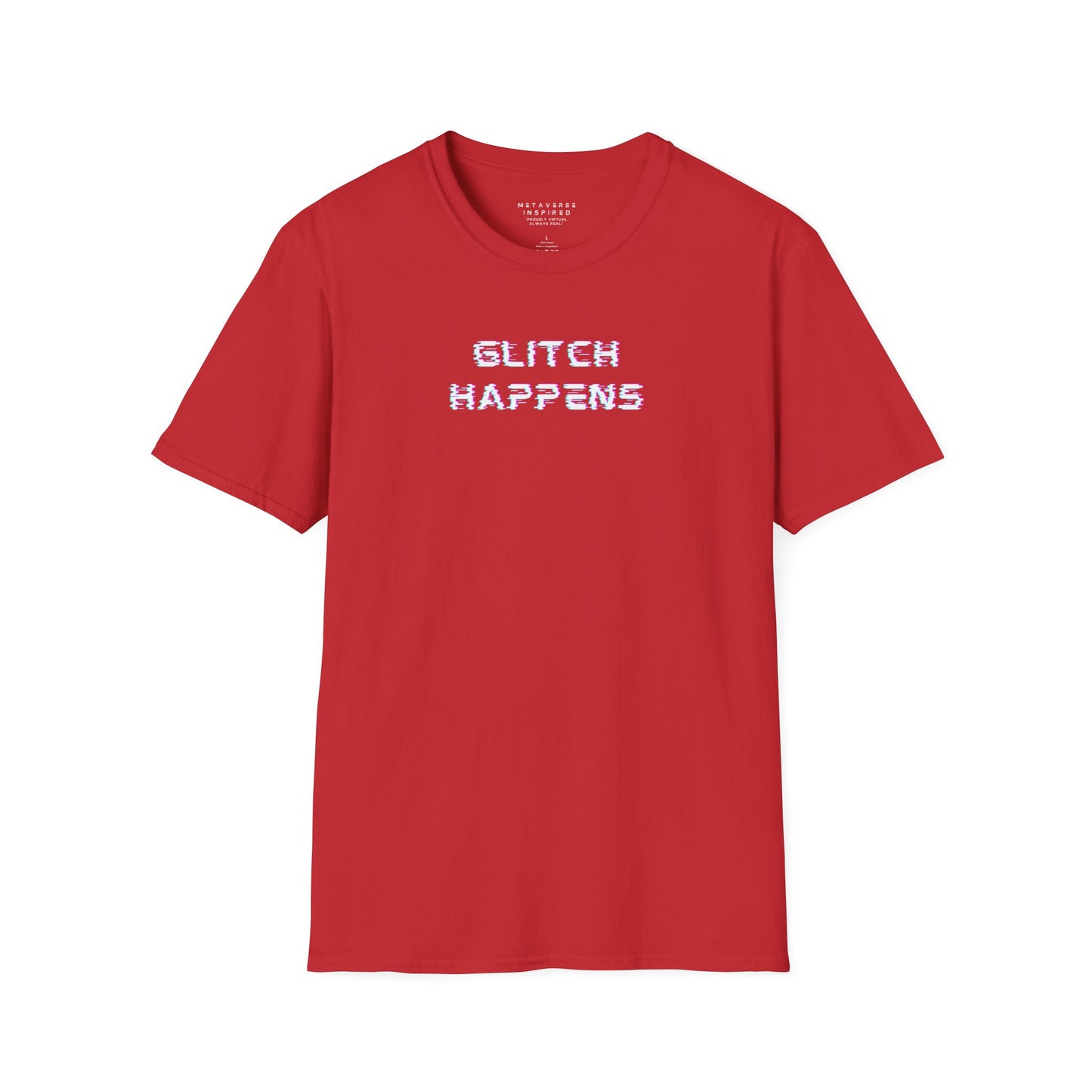 red tshirt with glitchy font that says glitch happens