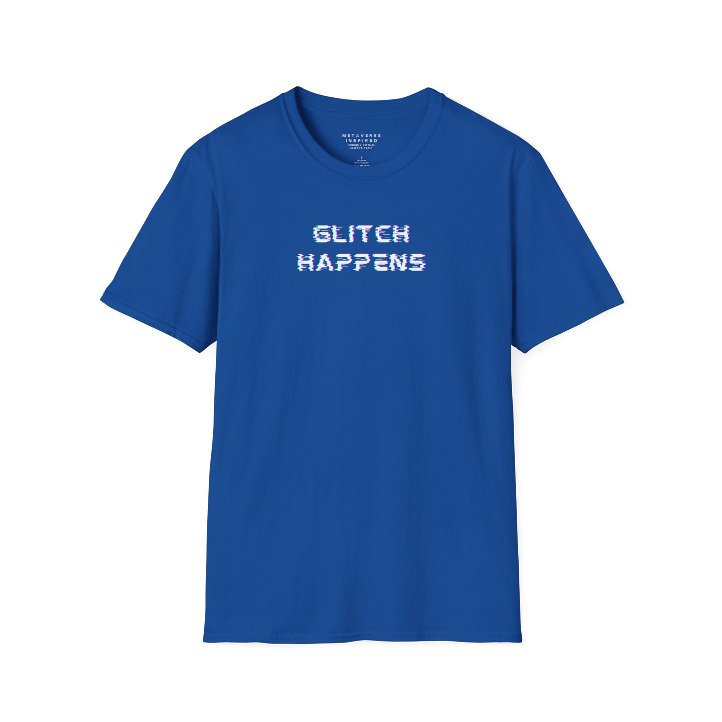 blue tshirt with glitchy font that says glitch happens