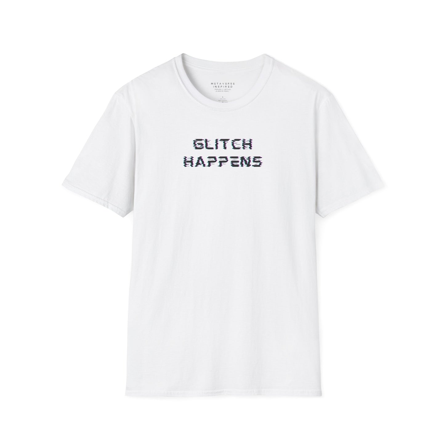 white tshirt with glitchy font that says glitch happens