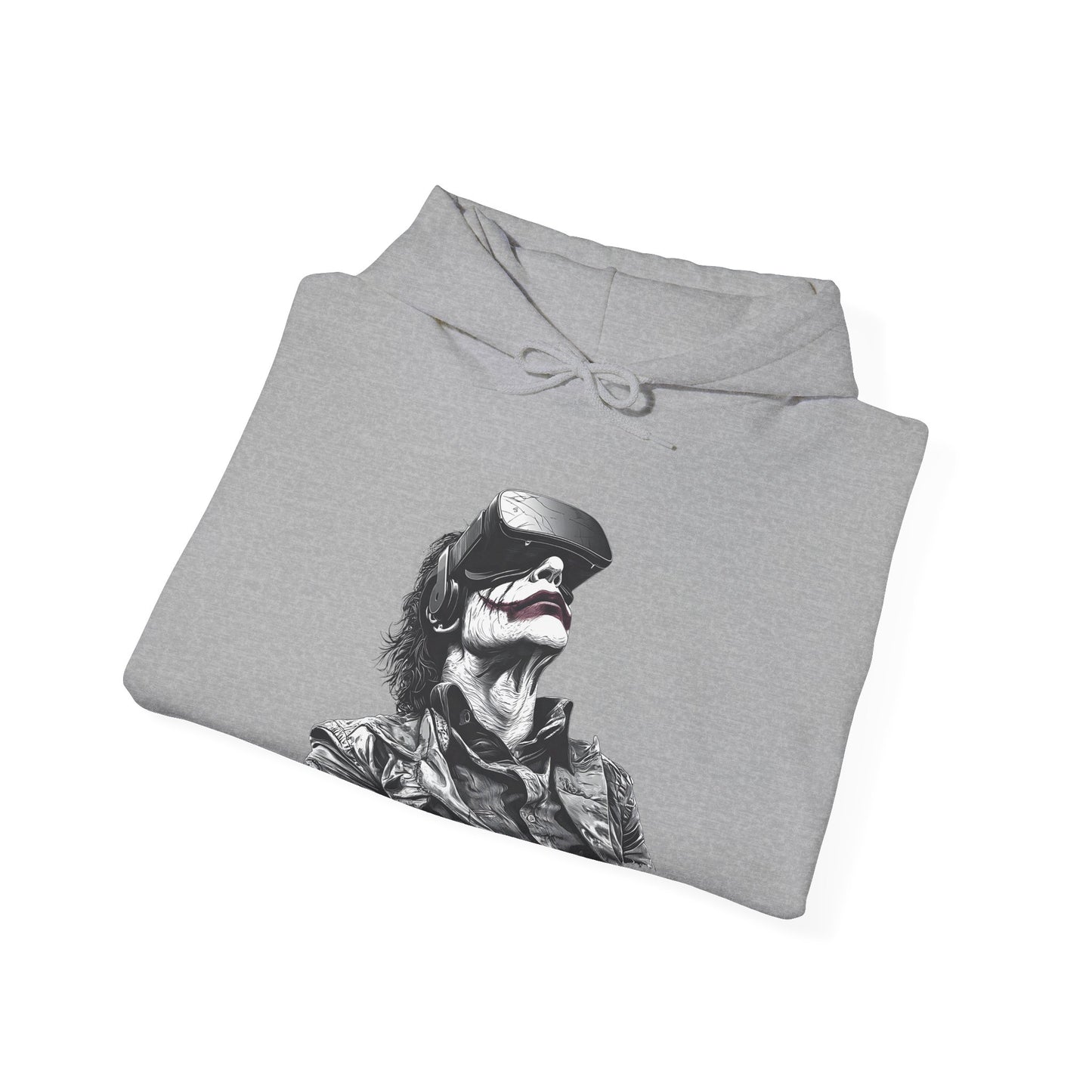 gray hoodie folded with a joker styled graphic wearing a vr headset graphic