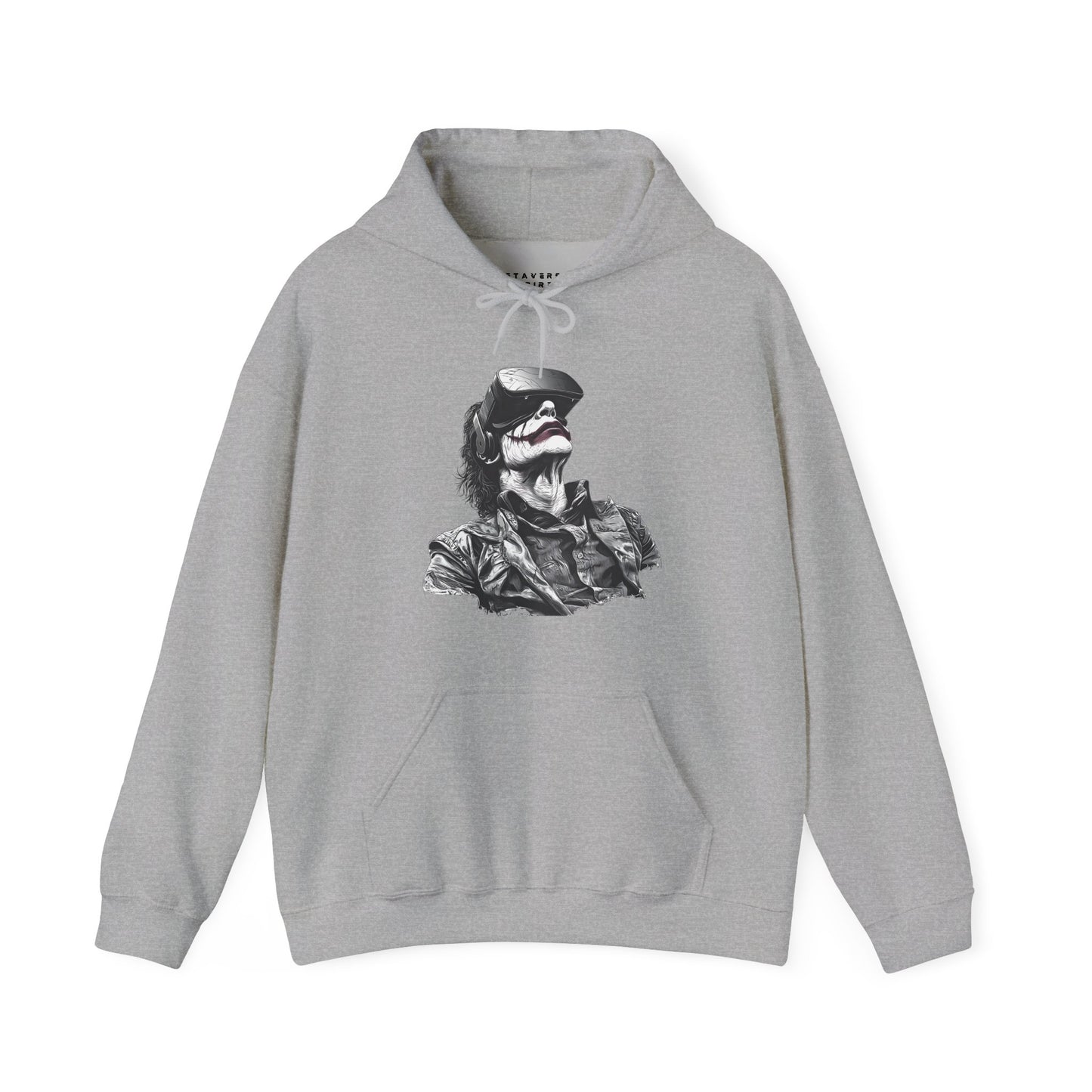 Grey hoodie with a joker styled graphic wearing a vr headset graphic